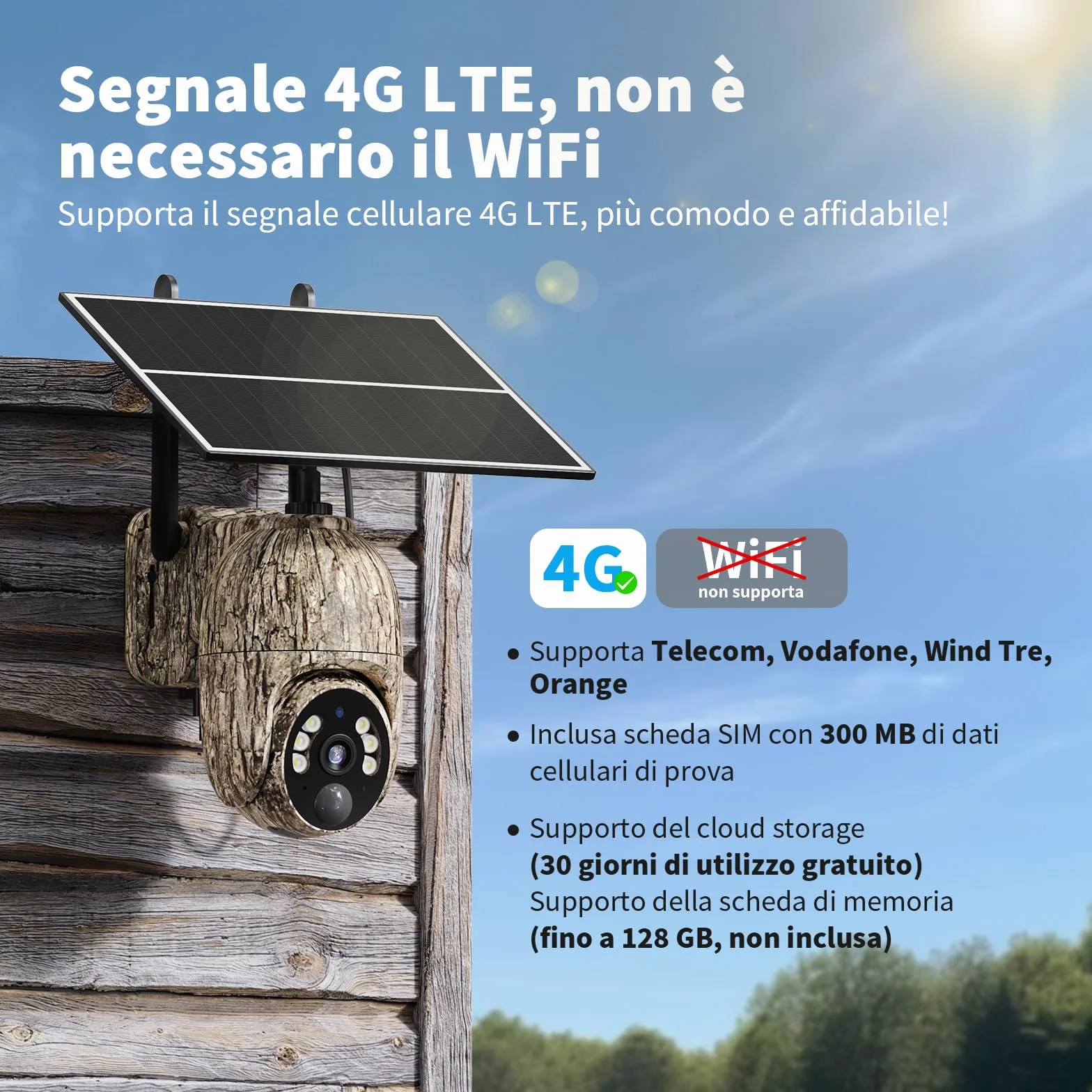 Fotocamera da Caccia Solare 4G LTE, 2K PTZ Fototrappola con SIM, Pannello Solare e APP, Rilevamento PIR, Visione Notturna a Colori