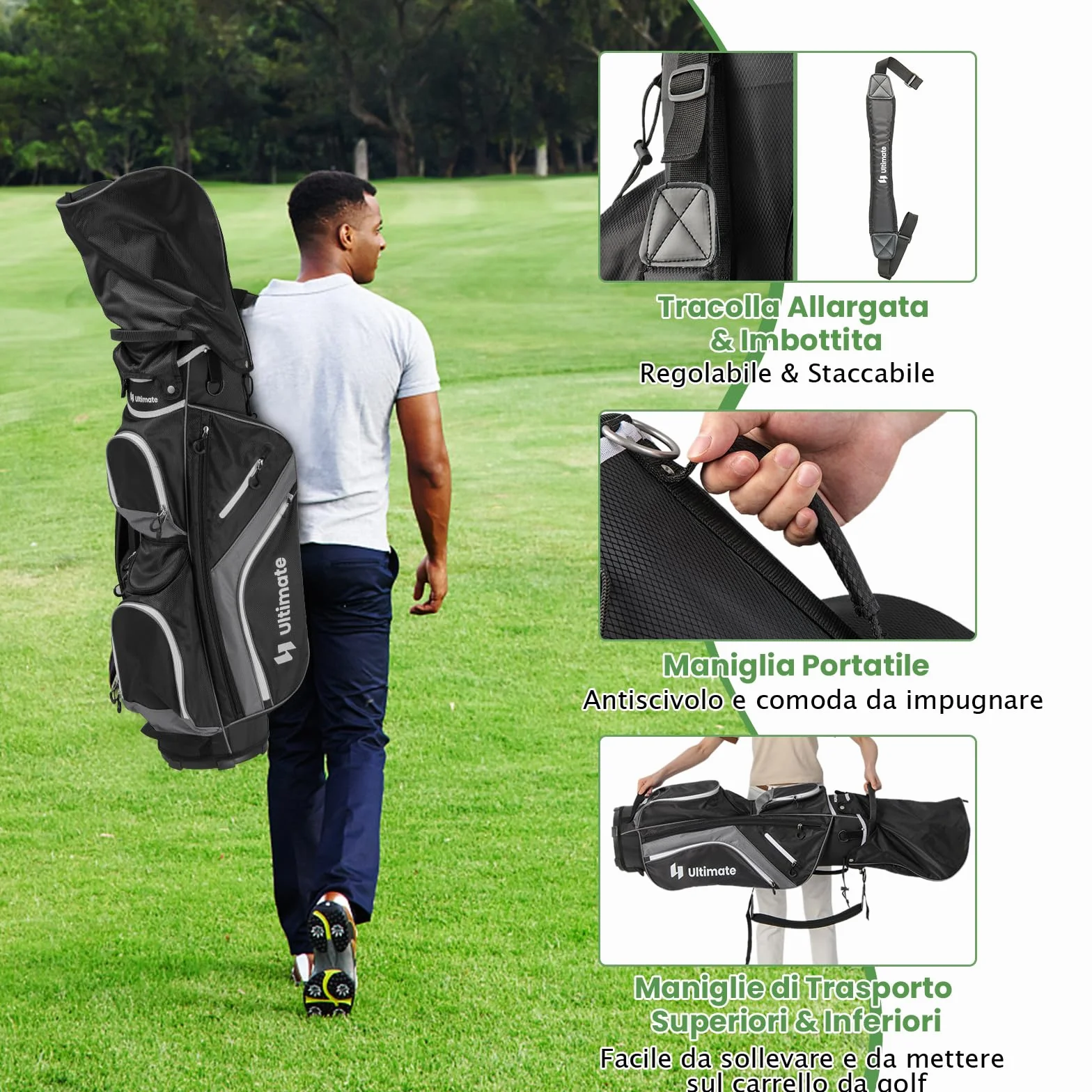 GYMAX Sacca da Golf per Carrello 14 Scomparti con Borsa Termica e Cappuccio Antipioggia