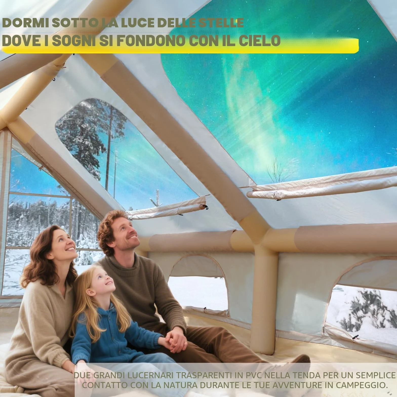 Tenda da campeggio gonfiabile 2-8 persone con apertura camino e lucernario, Oxford impermeabile 4 stagioni, pompa aria