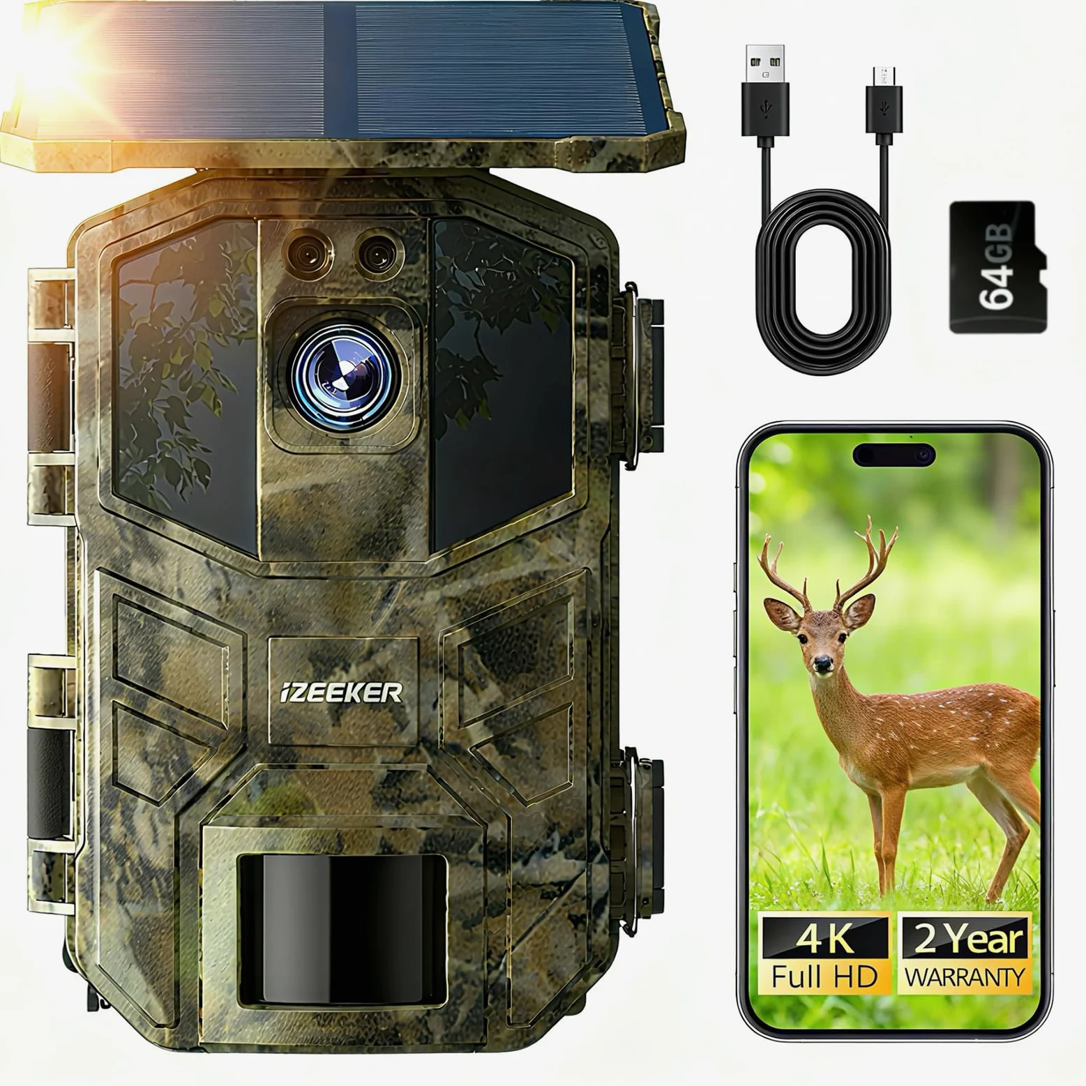 iZEEKER Fototrappola App, 4K UHD 64MP Solare Fotocamera Caccia con Scheda SD 64GB & Batteria Ricaricabile da 5200mAh, WiFi Bluetooth, Visione Notturna, Impermeabile IP66 per Monitoraggio Fauna