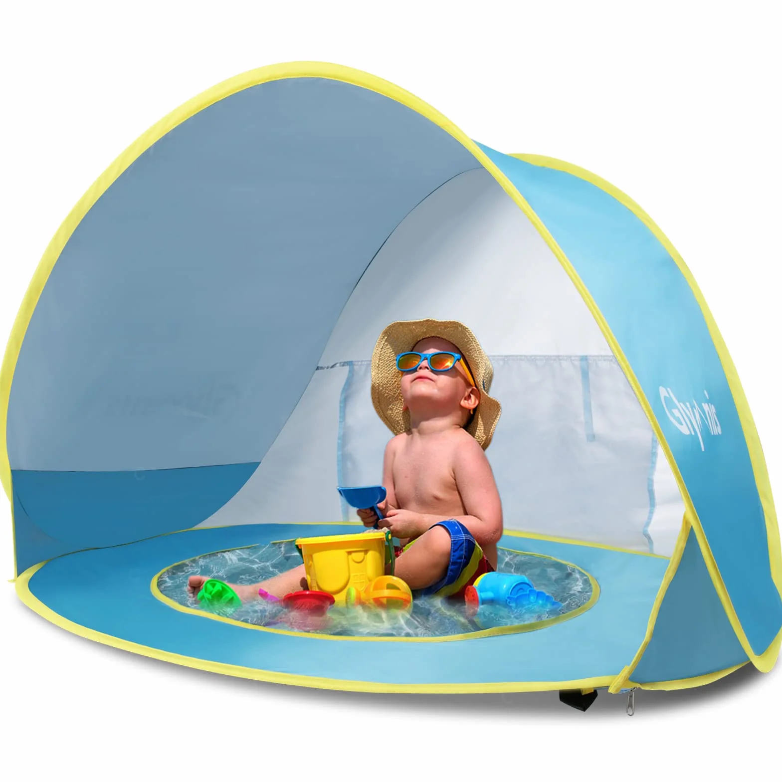 Glymnis Tenda da Spiaggia Bambini Tenda Bambini Pop Up con Mini Piscina Tenda per Neonati Pieghevole Portatile Protezione Solare UPF 50+, Blu