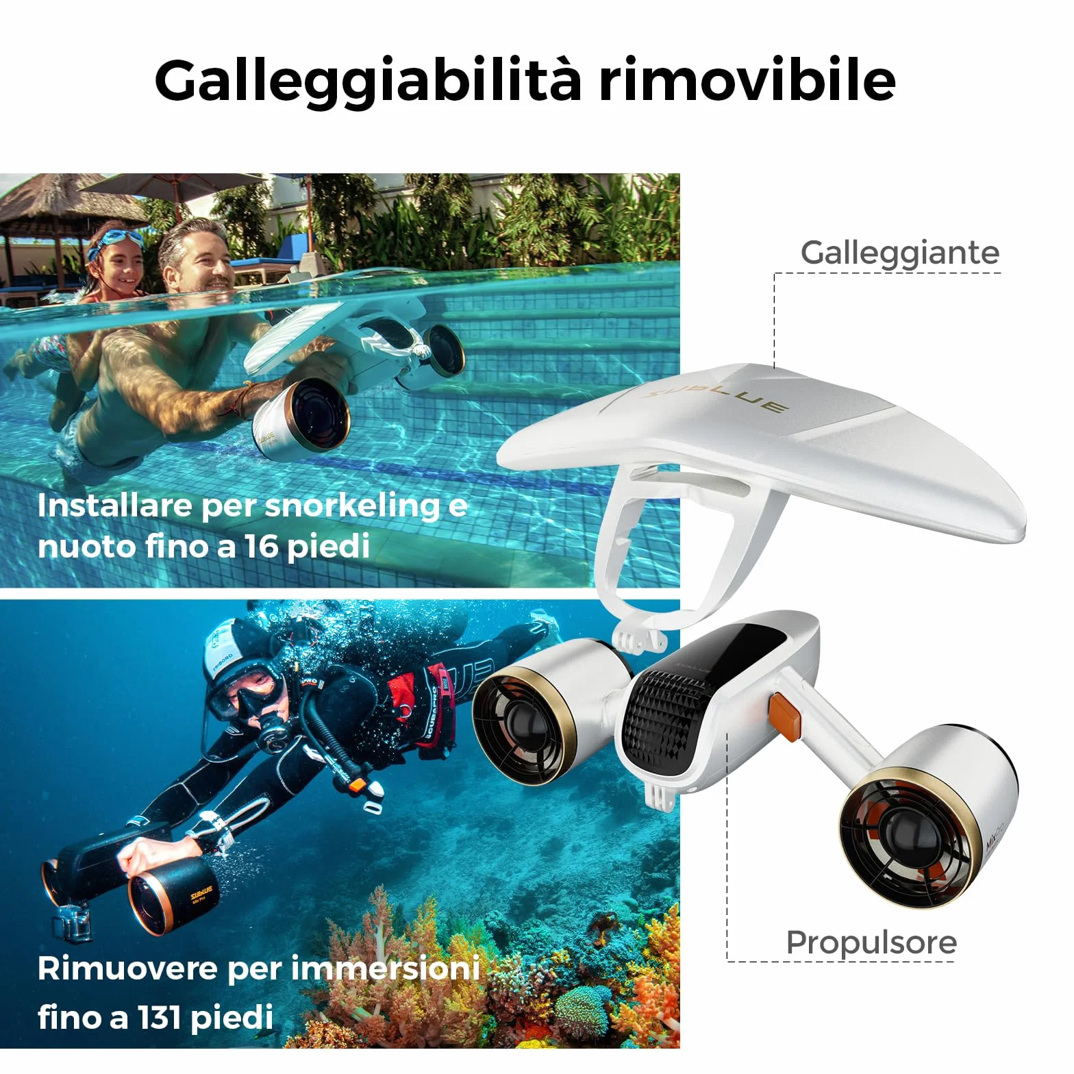 Monopattino subacqueo a doppio motore Mix PRO, 3 velocità, 60 min, profondità 40 m, con supporto fotocamera e allarme batteria