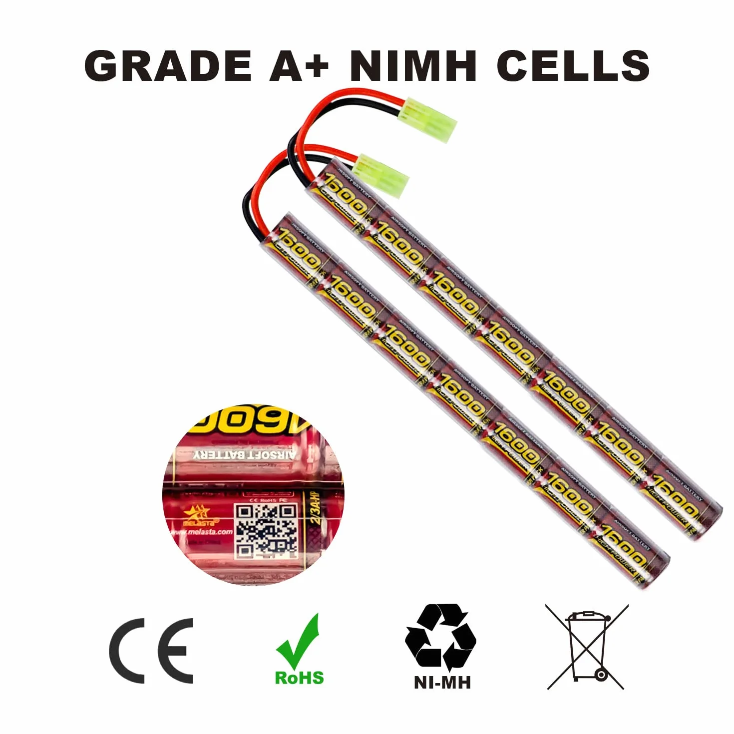 Melasta 8.4V 1600mAh NiMH Airsoft Batteria Mini Tamiya Connettore 2 Pezzi per AK47 MP5K RPK PKM