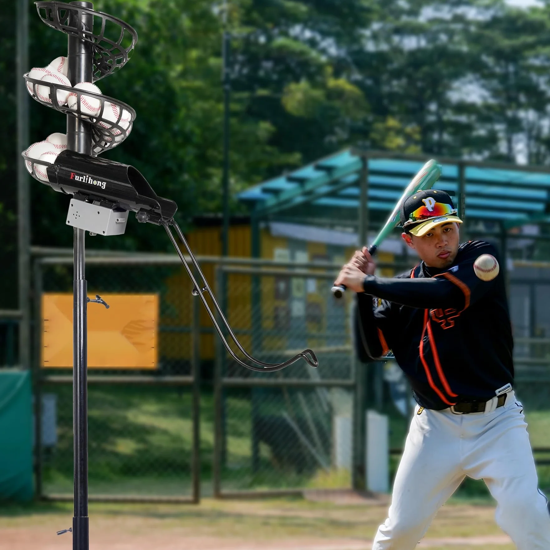 Furlihong 777BH-B Alimentatore automatico 2 in 1 per macchine da cricket e baseball e Soft Toss Trainer regolabile in altezza