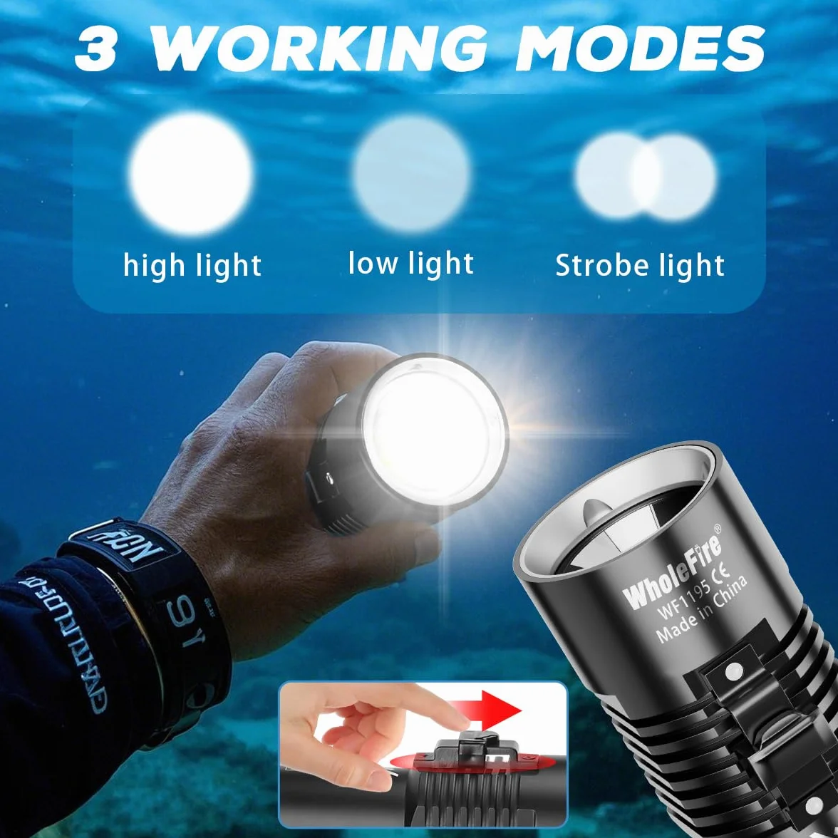 Torcia subacquea 8000 Lumen IPX8 impermeabile ricaricabile 3 modalità