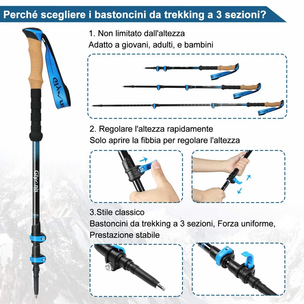 Bastoncini da Trekking 3 Sezioni 65-135cm Alluminio 7075 Blocco Rapido Impugnatura Sughero