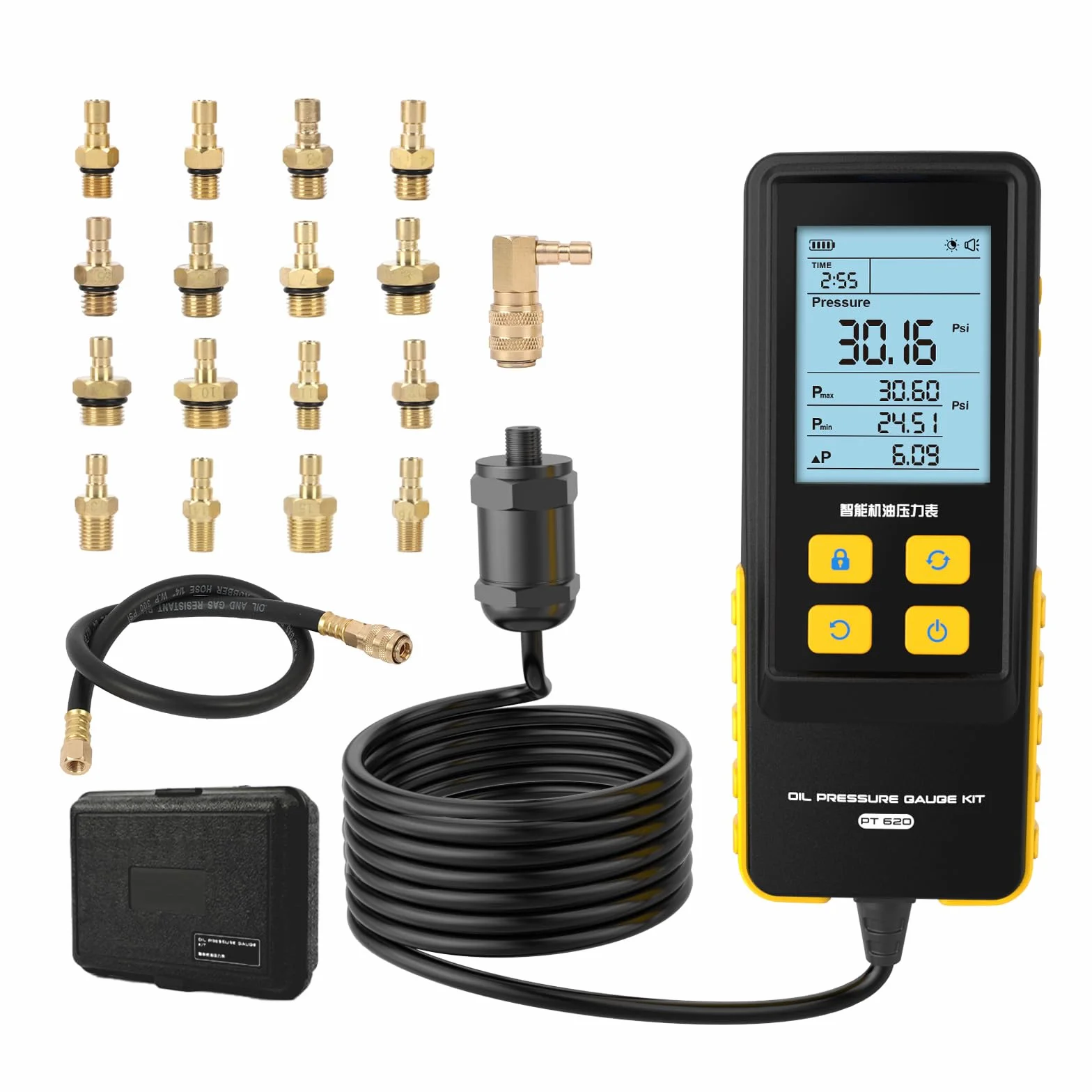 PT620 Strumento del tester di pressione dell'olio, 0-426 PSI 0~29bar Strumenti diagnostici della prova di pressione dell'olio del motore di Digital con il tubo di prova & 17 connettori
