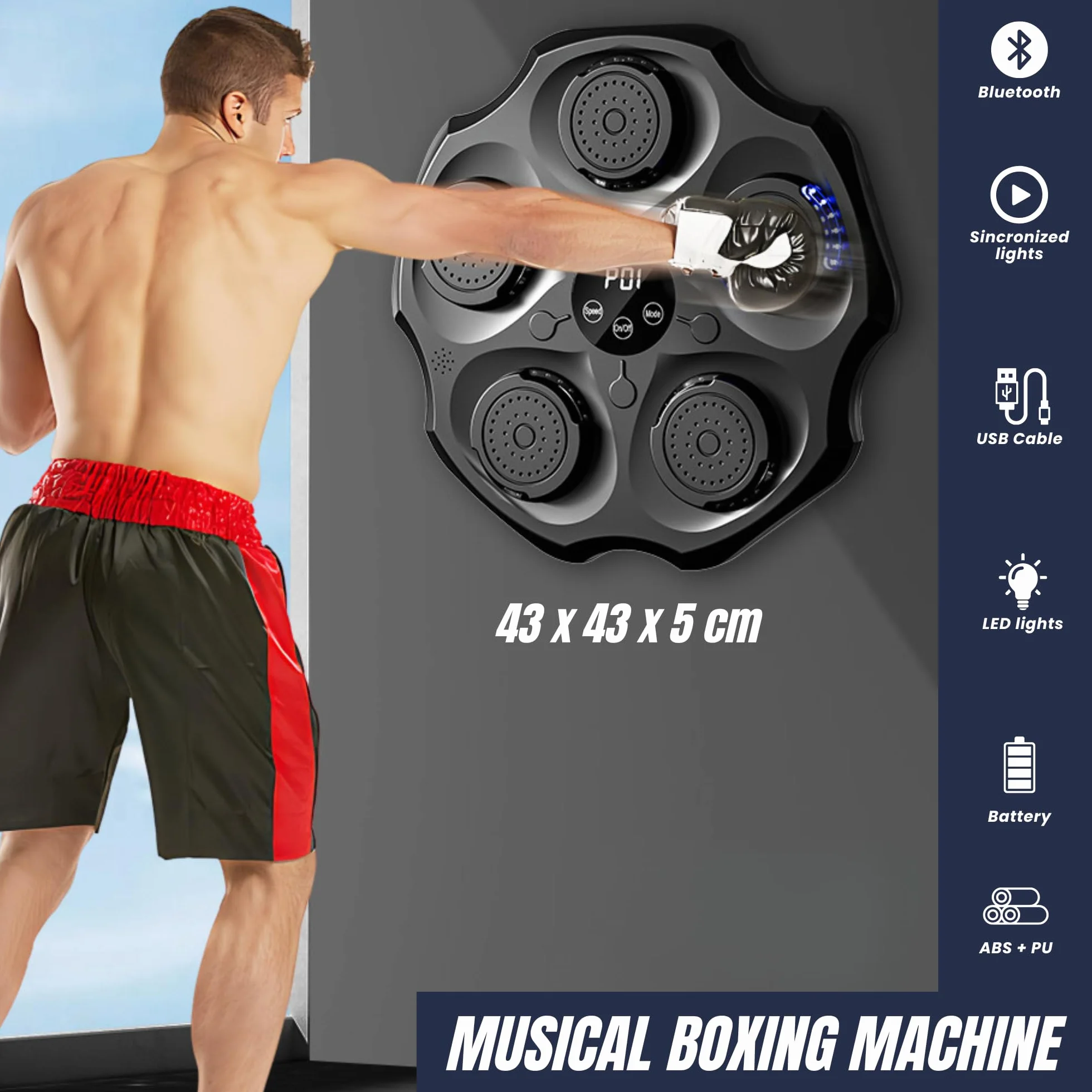 Macchina da Boxe Musicale, Attrezzatura da Allenamento per Boxe a Parete In PU con Guantoni da Boxe, Pad da Boxe a LED, Bluetooth, Luci al Ritmo Della Musica. (2 mode, 43x43x5 cm)