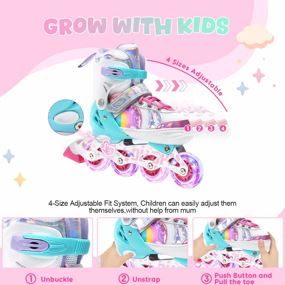Pattini in Linea Bambina luminosi regolabili,unicorno arcobaleno,Pattini a rotelle con Tutte Ruote LED per Principianti Bambini,Regalo di Natale