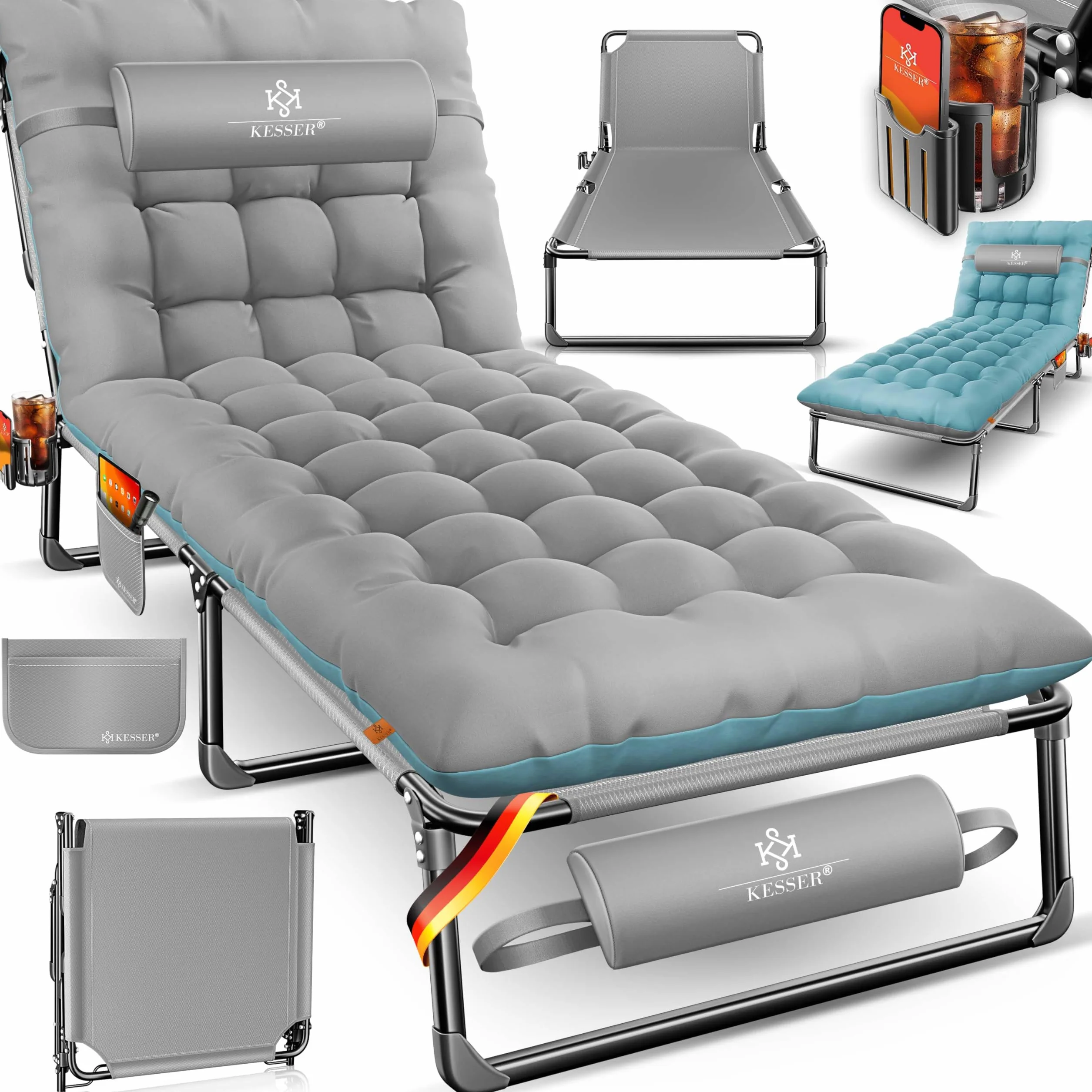 KESSER Lettino da campeggio pieghevole 190x68x30 cm portata 250 kg tessuto Oxford telaio acciaio con borsa trasporto cuscino collo