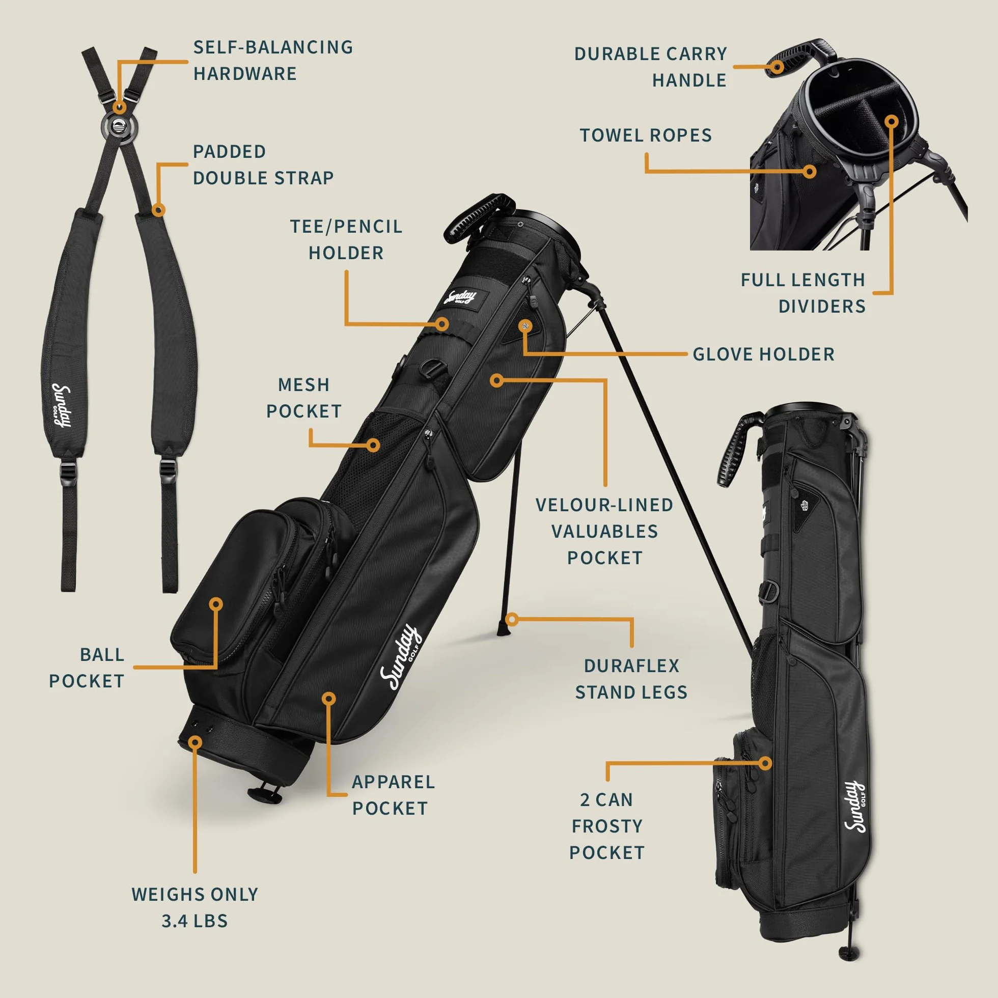Sunday Golf Borsa Loma XL Leggera Tracolla Supporto Golf Pitch n Putt 1,5 kg