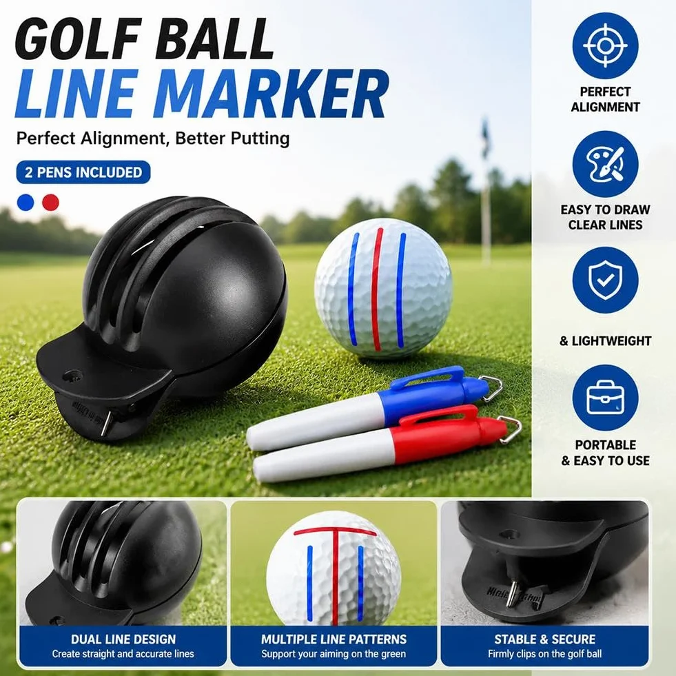 Golf Ball Marker Tool Lines Drawing Alignment Kit with 2 Color Waterproof Pen for Beginners