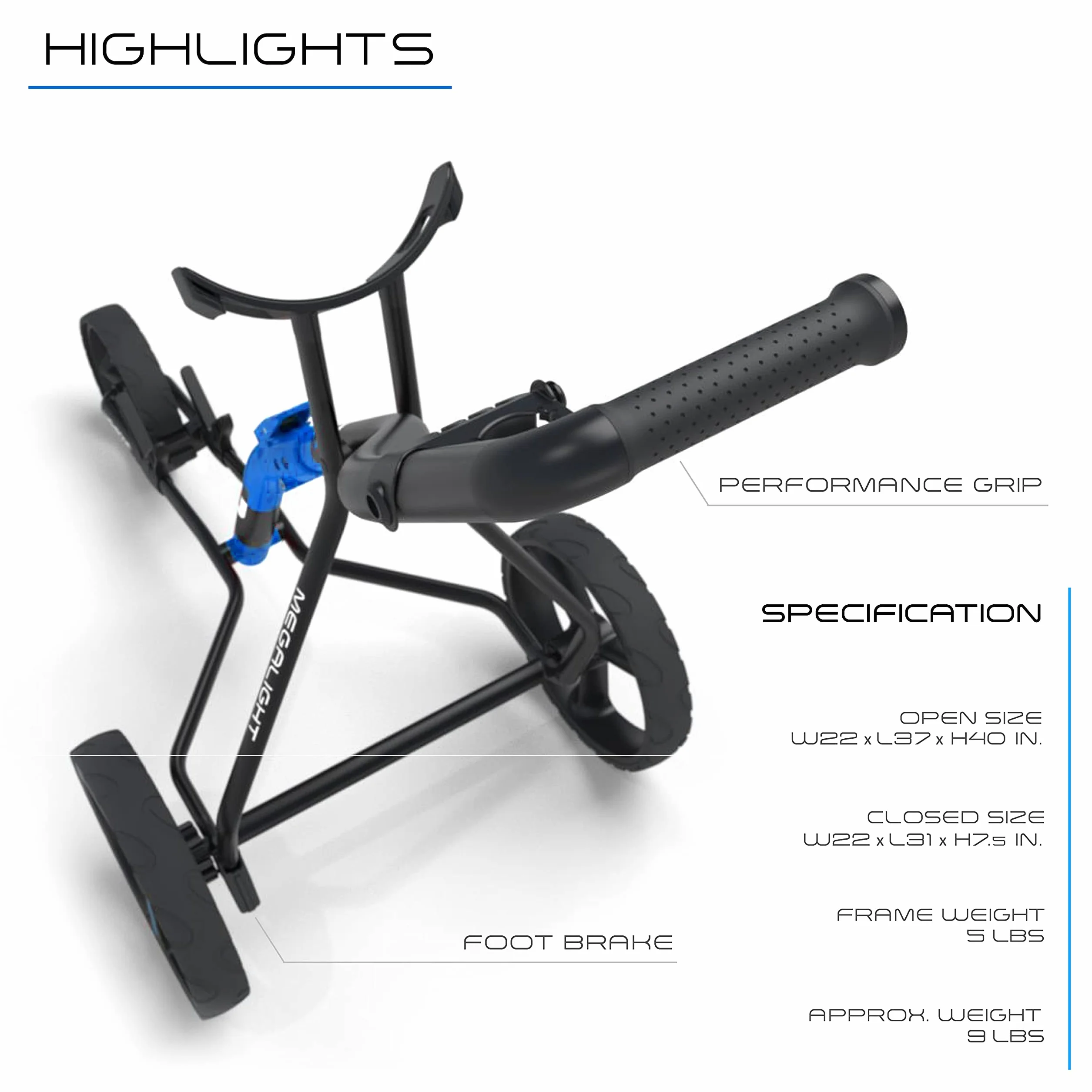 Wishbone ONE Megalight 3 Carrello da golf a 3 ruote Push-Pull Blu