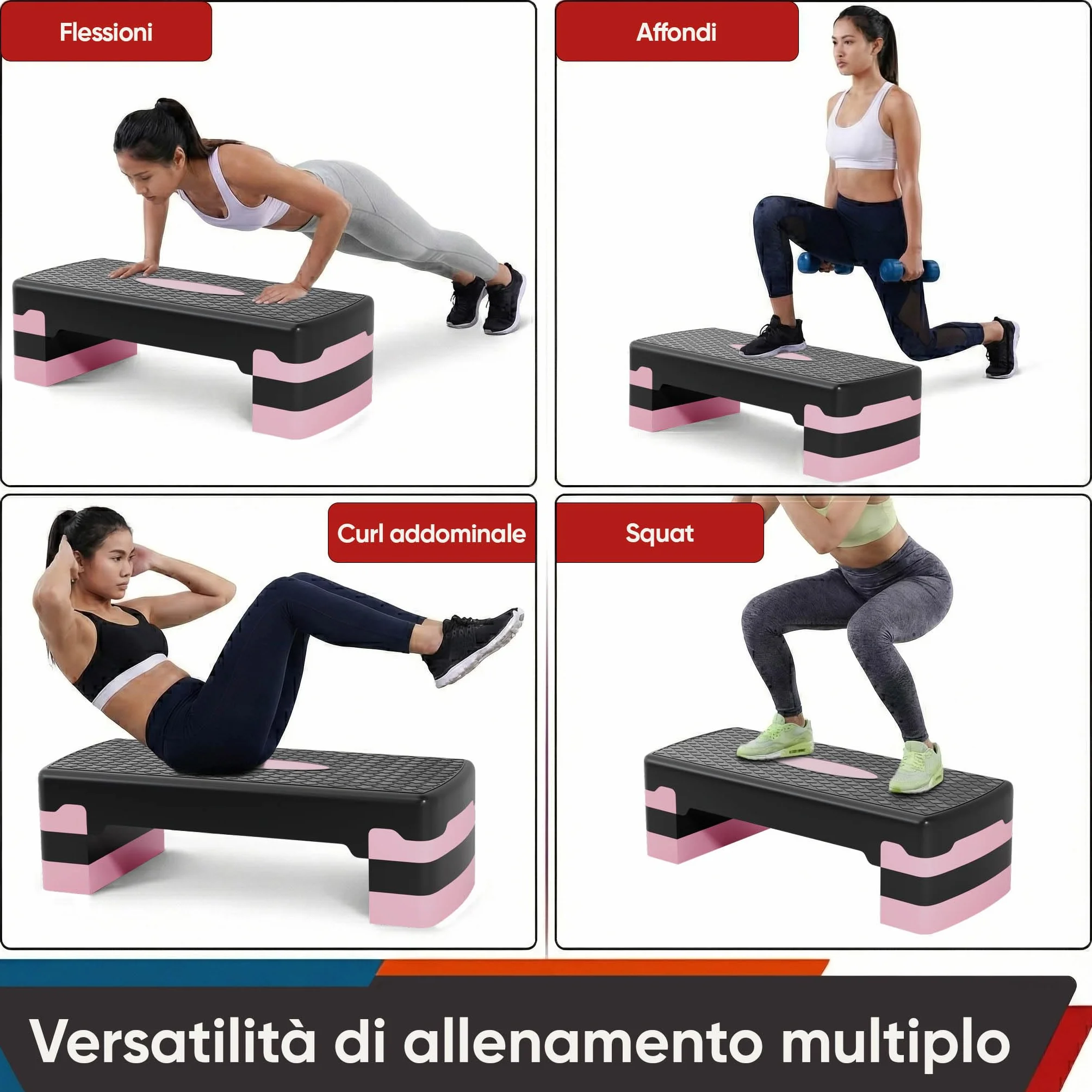 Ultrasport Step Fitness Aerobica Stepper Casa Antiscivolo Regolabile 3 Altezze Stepboard 68 x 28 cm Rosa