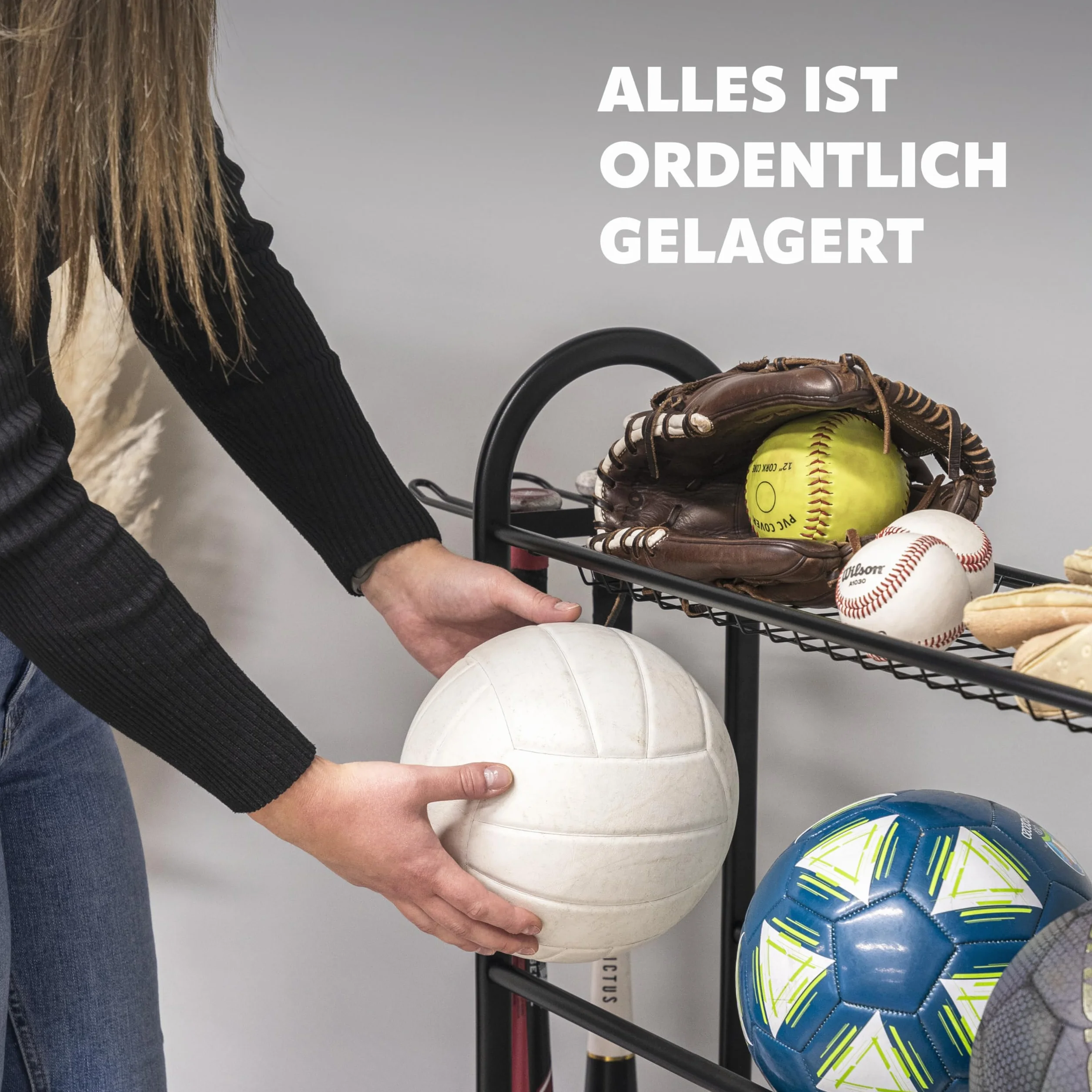 eluno Supporto per conservazione palle sportive in acciaio nero con ganci, per baseball e calcio