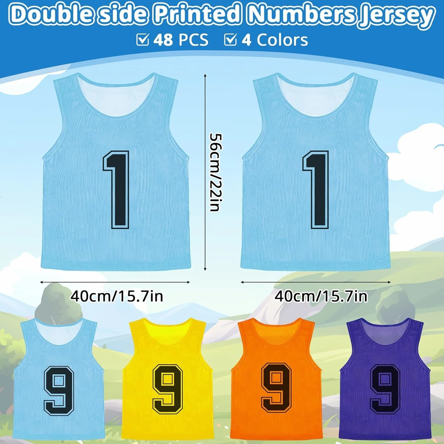 Pinnies Sport di Squadra Scrimmage Vest Calcio Allenamento Bavaglini Reversibili Numerati 48 Pezzi