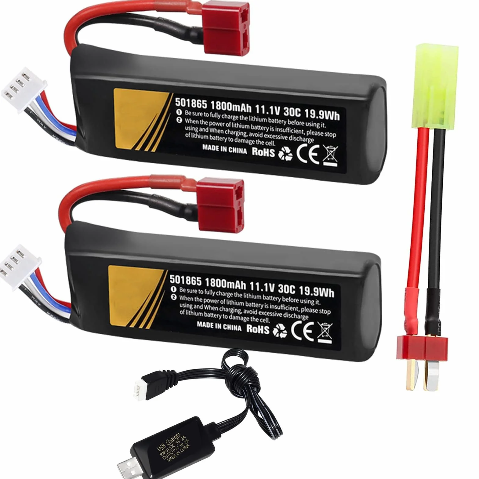 Batteria Lipò 1800mAh 30C 11.1V per Airsoft Connettore a T USB 2 Pezzi