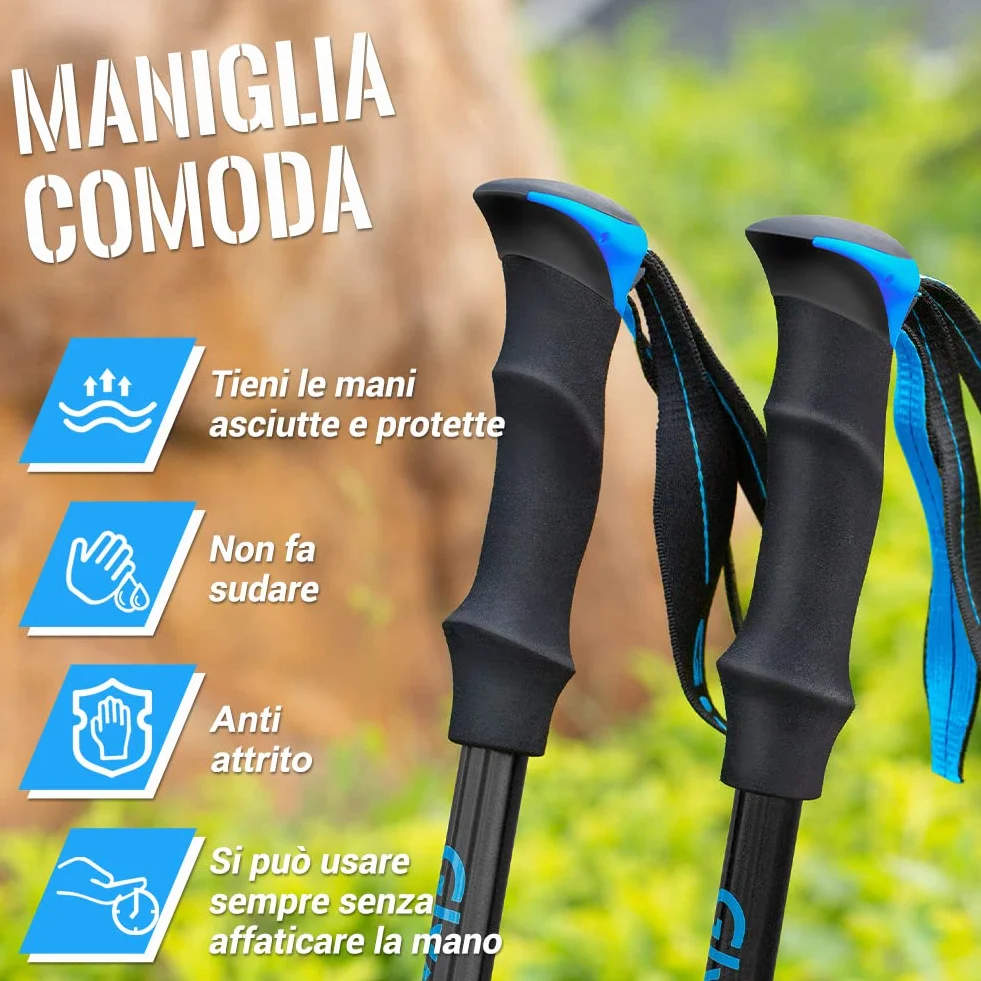 Bastoncini da Trekking Pieghevoli Antiurto 110-130cm Alluminio 7075 Impugnatura Eva Punta Carburo di Tungsteno 1 Paio
