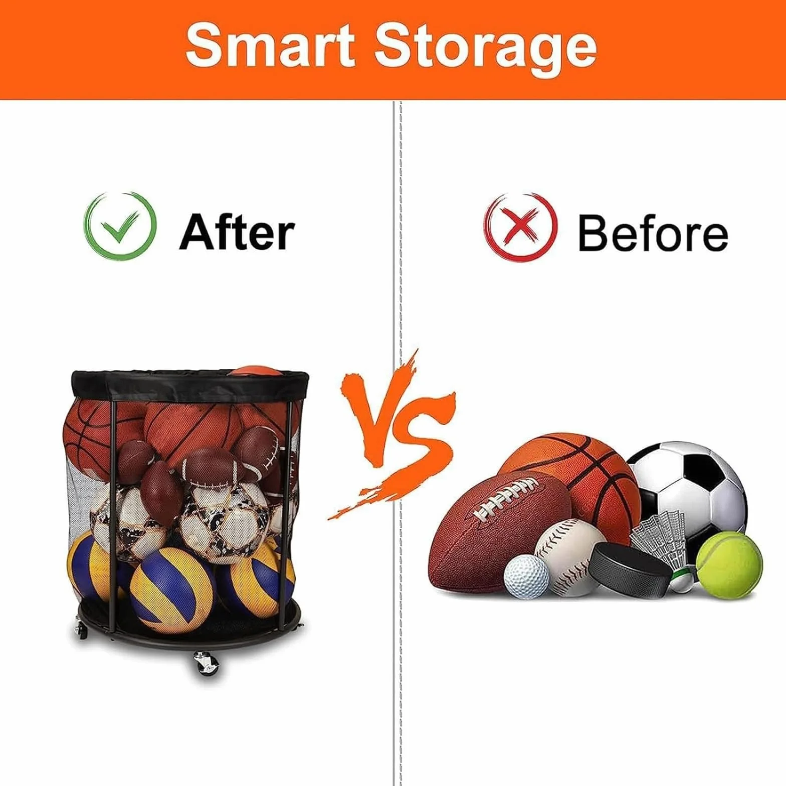 Contenitore Portatile per Palline da Garage, Cestino a Rete 60x60x62 cm