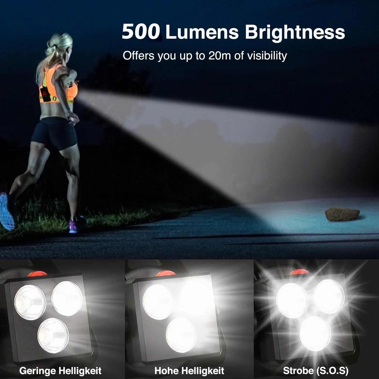 Lampada da Corsa LED Regolabile 120° 500 Lumen USB Ricaricabile Leggero