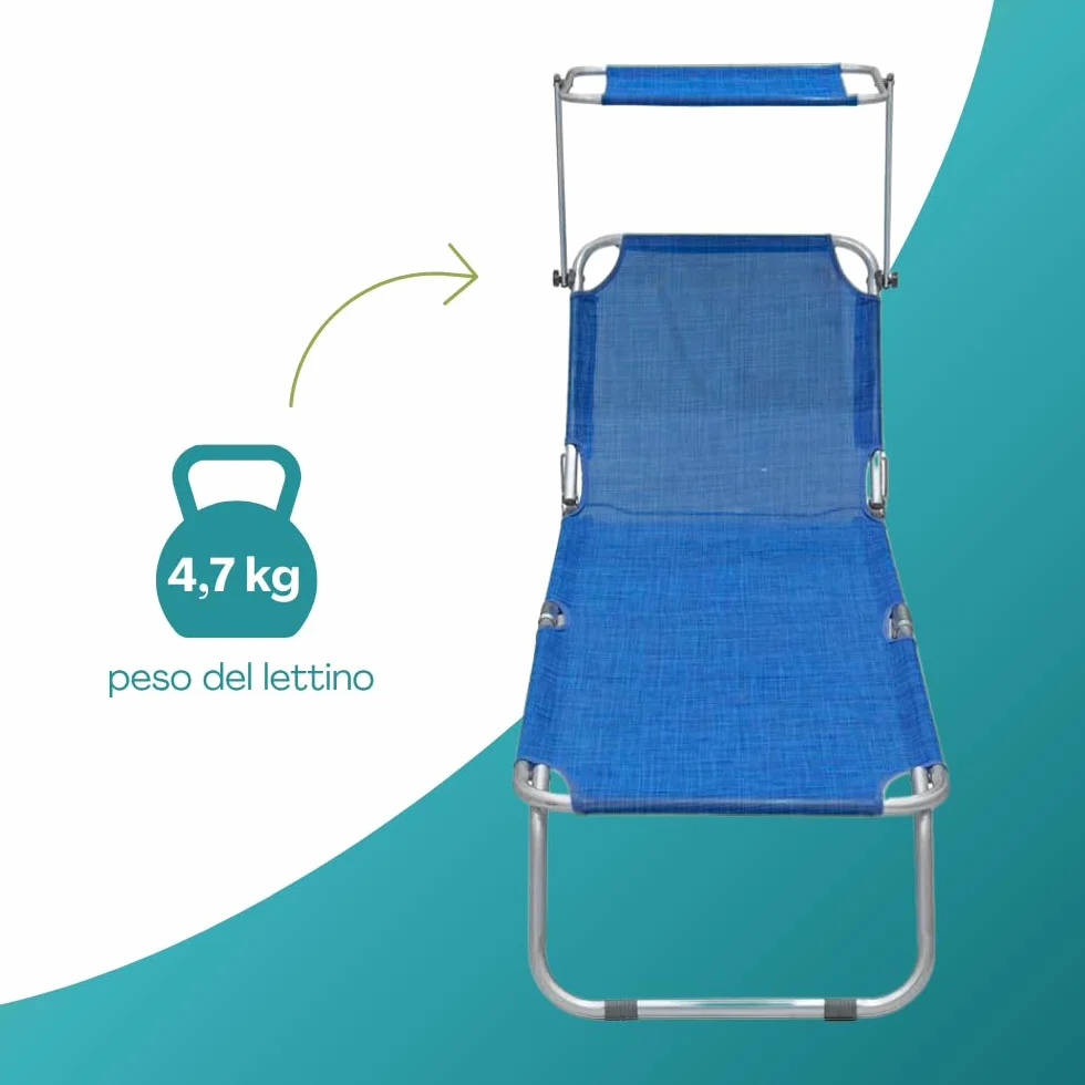 PALUPLUS Lettino Prendisole Pieghevole con Tetto Parasole con BORSA Portalettino, Misura 180x55x90 cm, Tessuto Textilene, Struttura Metallo Tubolare da 18mm, Peso Max 120kg -9301F (Blu)