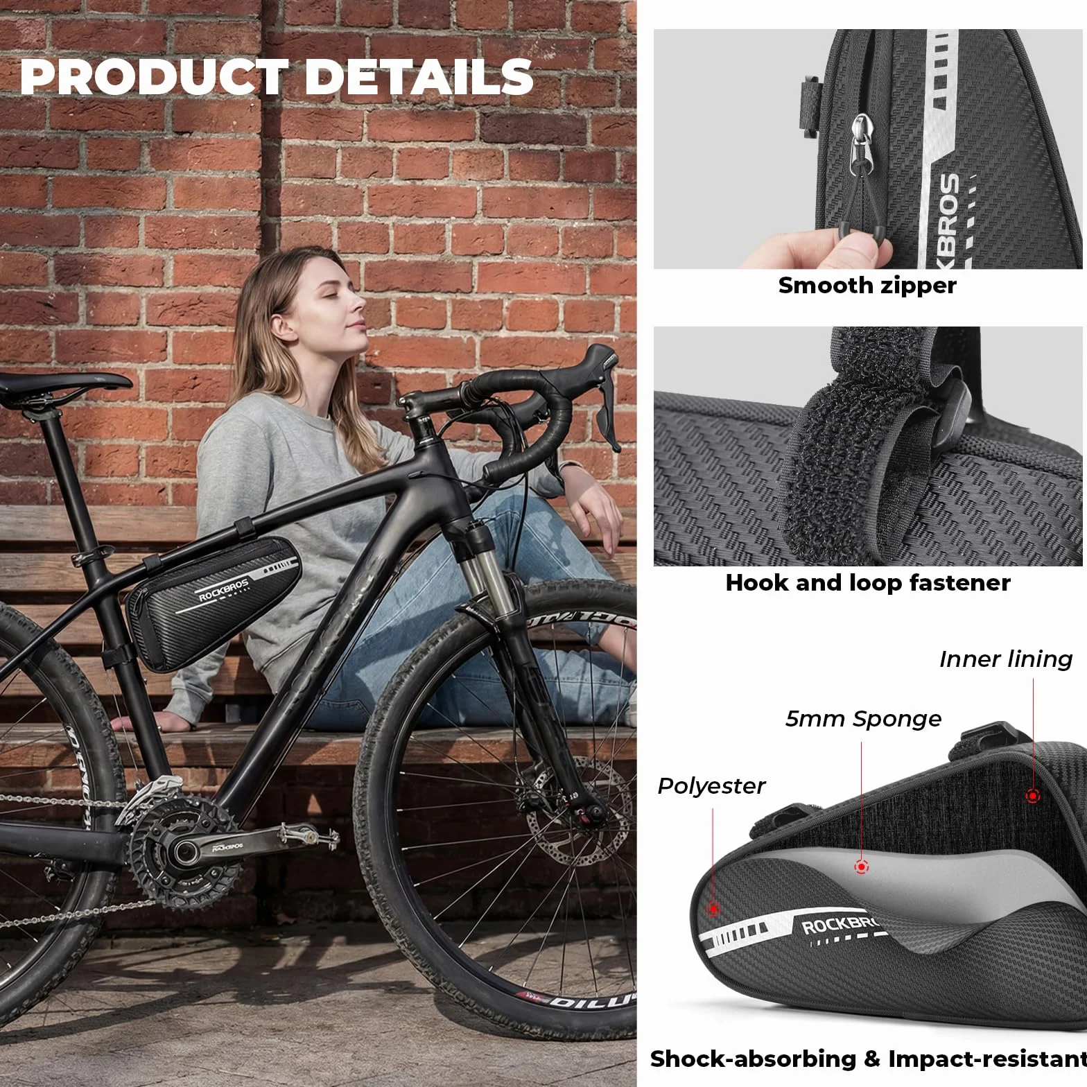 ROCKBROS Borsa da Telaio Triangolo per Bici MTB Triangolare 1.2L con Strisce Riflettenti