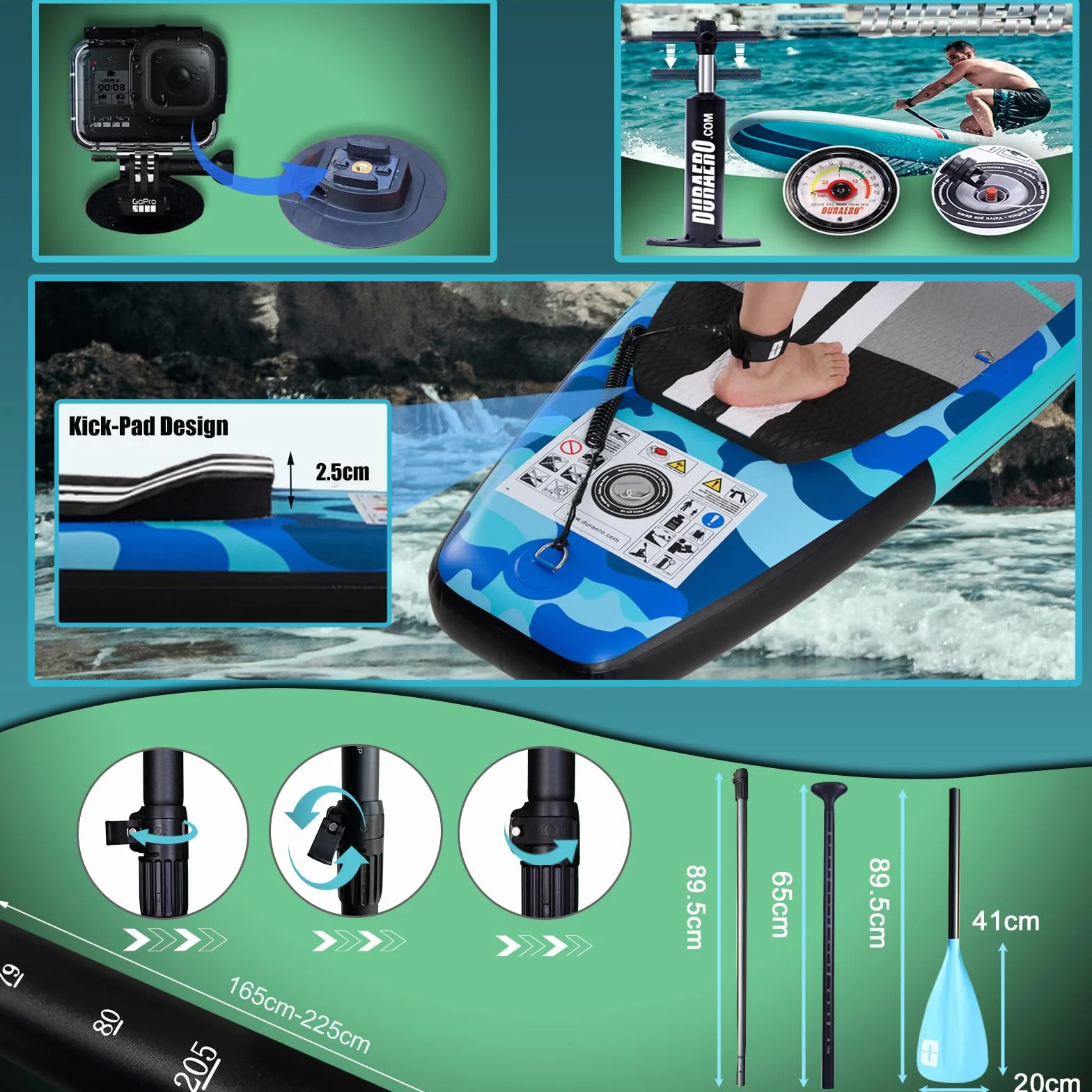Tavola gonfiabile Stand Up Paddle 330x76x15 cm portata 150 kg blu mimetico