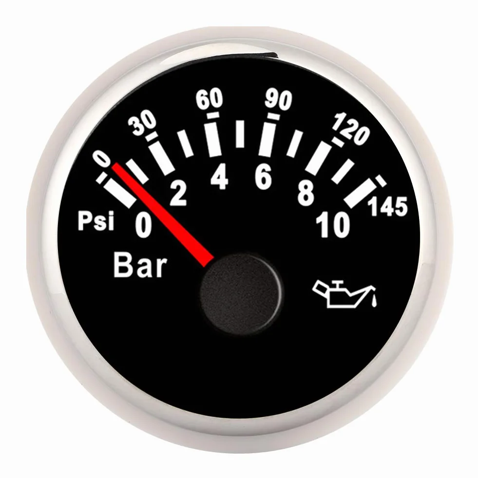 Misuratore di pressione olio 24V 12V, misuratore di pressione olio 2in 0-10bar 145psi Strumento con quadrante retroilluminato a LED per auto moto barca camion 12V/24V(Black Dial Silver Frame)