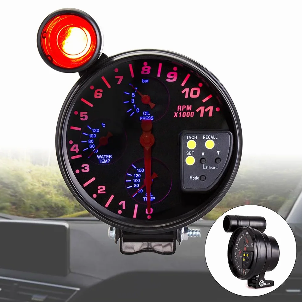 MASO - Tachimetro 4 in 1, 13 cm, giri/min, 12 V, con supporto, con indicatori di cambiata, indicatori di pressione e temperatura olio, per auto