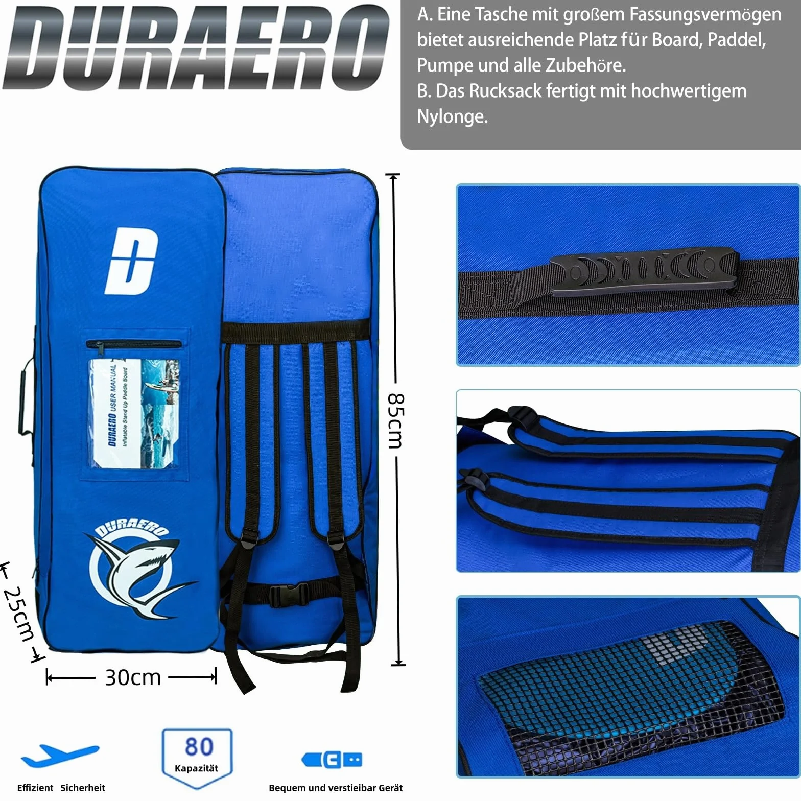 DURAERO Tavola SUP gonfiabile XXL 330cm, stand up paddle con sedile kayak e poggiapiedi, pagaia doppia, supporto fotocamera, accessori completi, portata 150 kg, effetto legno