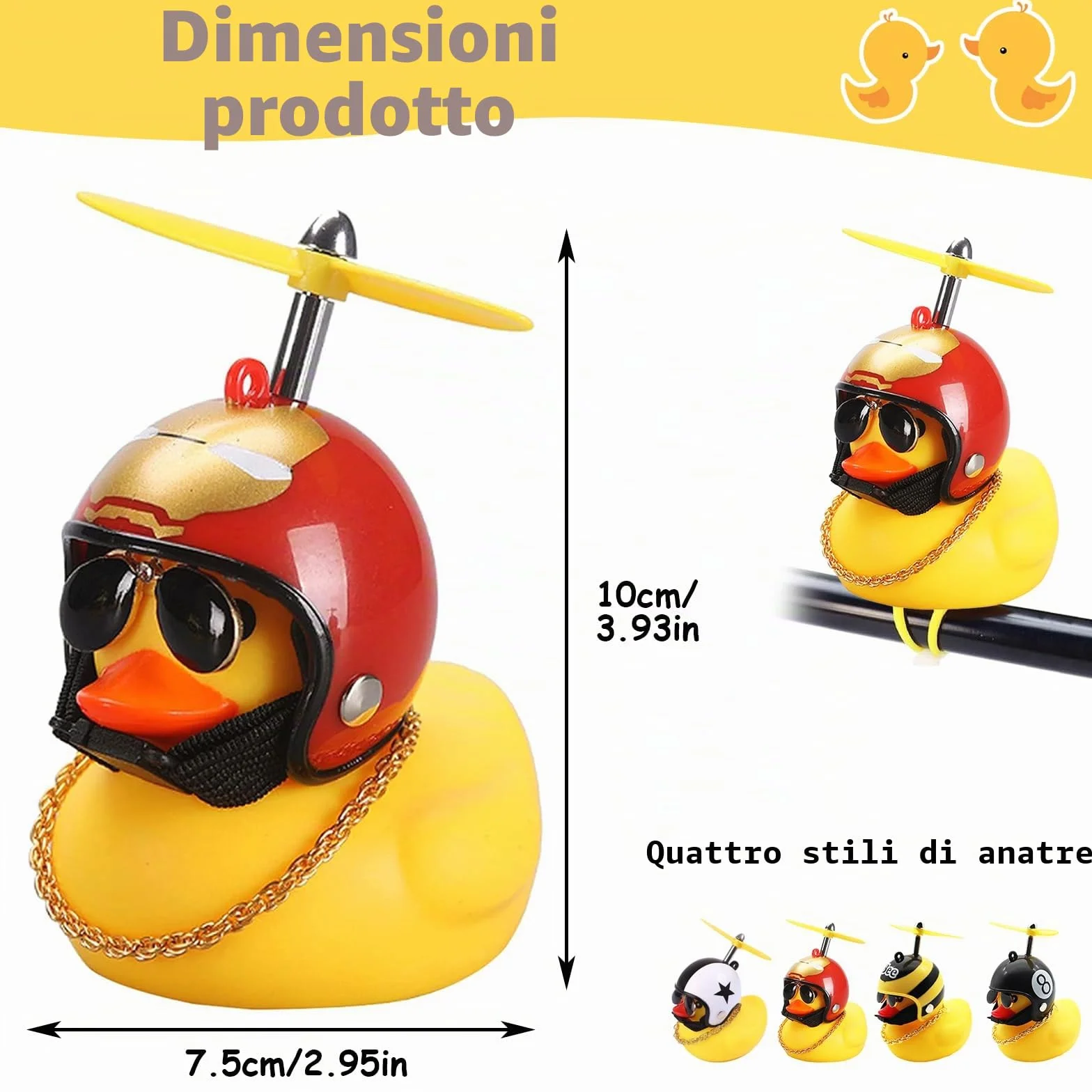 Anatra di Gomma Gialla Giocattolo 4 Pezzi con Casco a Elica e Cinturino per Auto Biciclette Moto