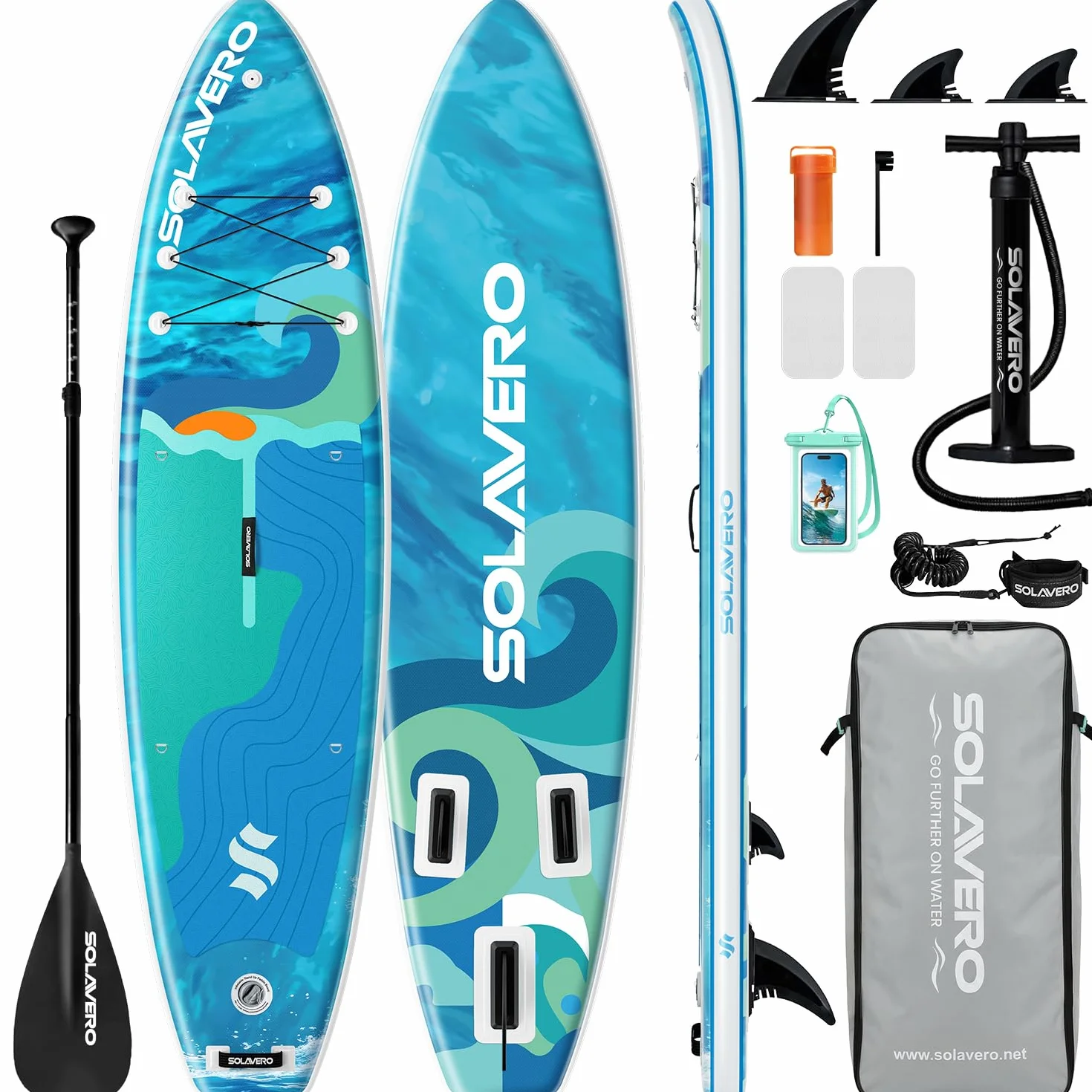 SOLAVERO Tavola da Sup Gonfiabile, 335 x 83 x 15 cm Tavola da Paddle con Antiscivolo EVA, Pagaia Regolabile, 3 Pinne, Surf Gonfiabile per Tutti i Livelli di Abilità, Fino a 200kg