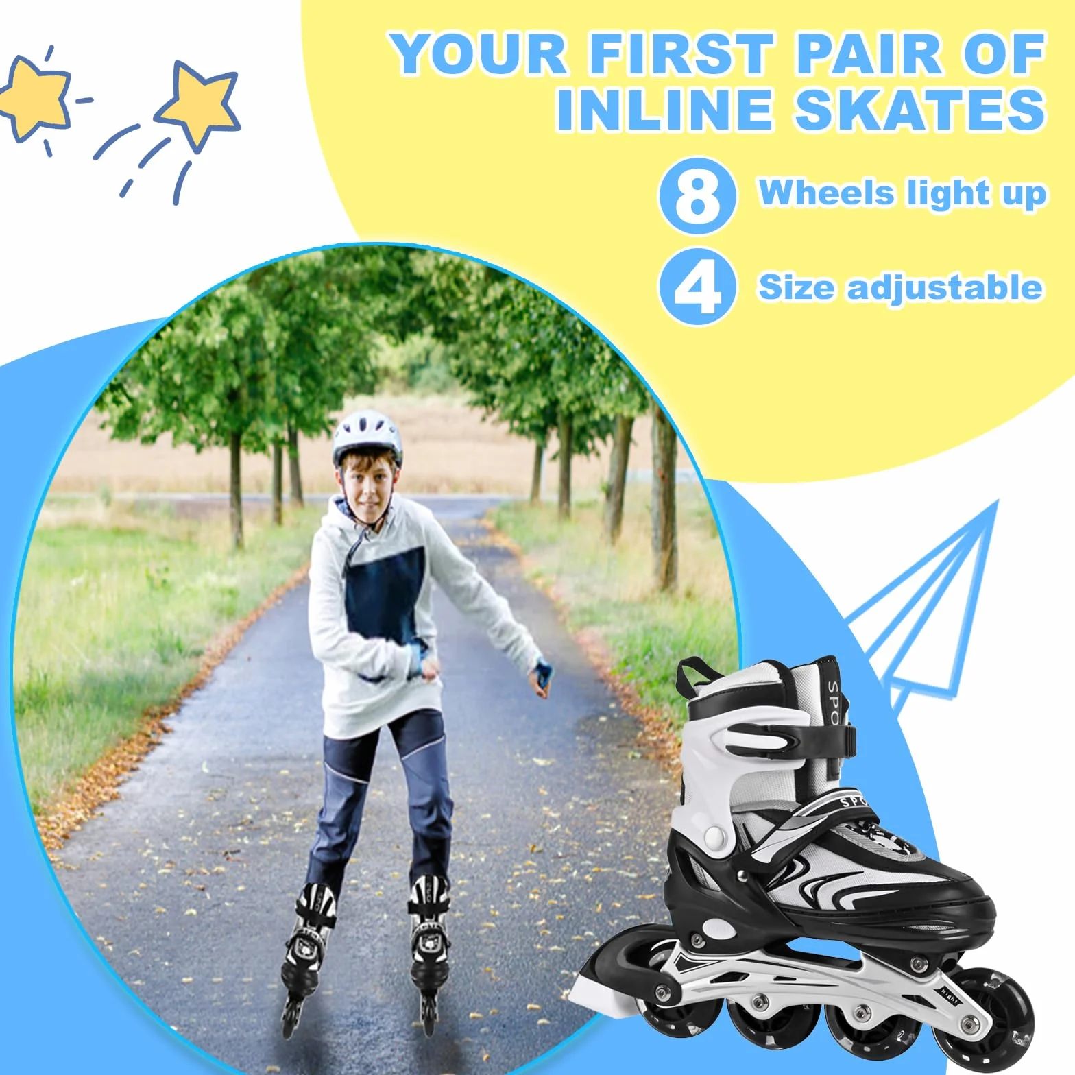 Pattini in linea regolabili per bambini e bambine, pattini a rotelle, giochi indoor outdoor