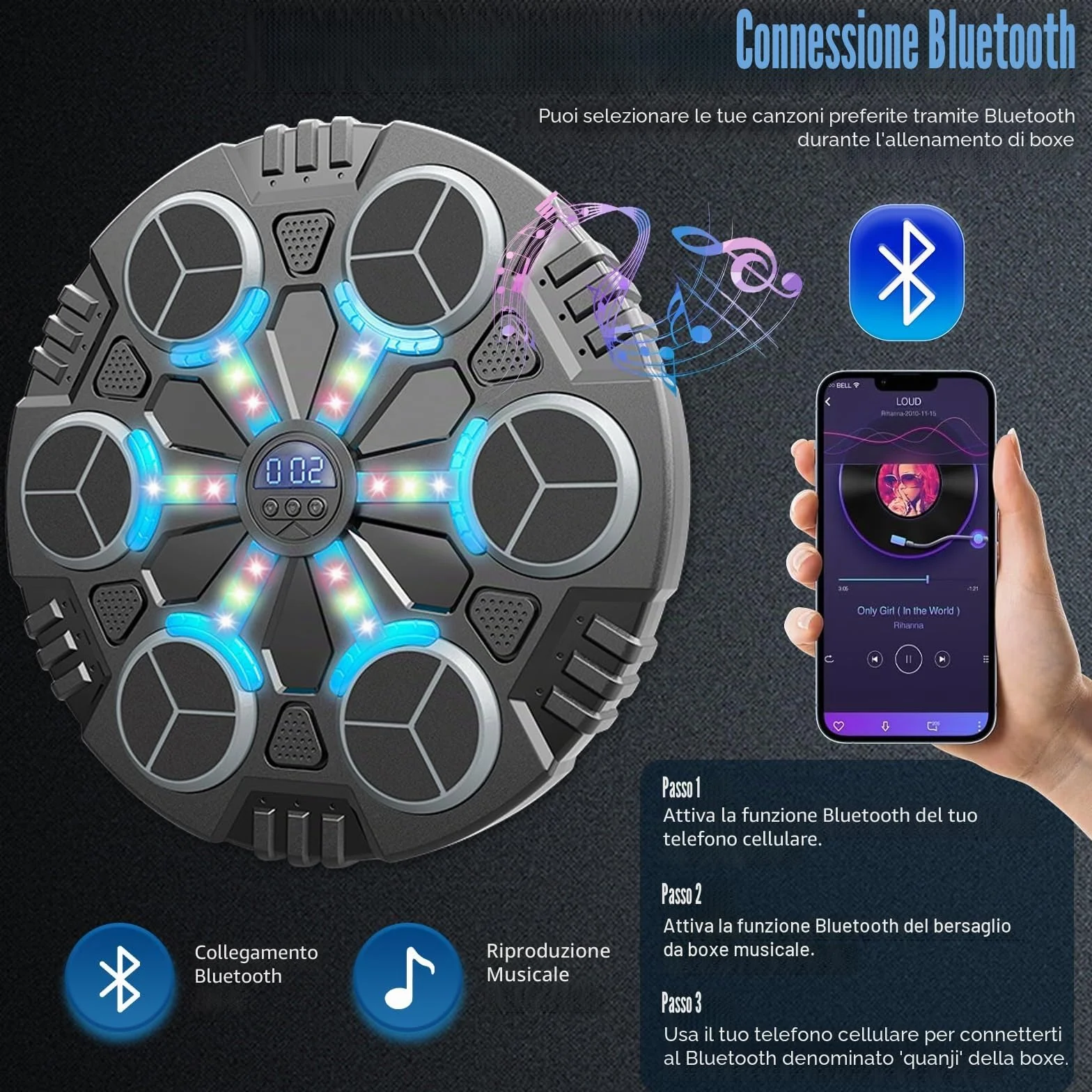 Machine de Boxe Musicale,LED Macchina da Boxe Musicale da Parete Pugile con Guanti da Boxe,3 modalità di velocità e modalità di Conteggio,Bluetooth Boxe Allenamento pour Enfants et Adultes