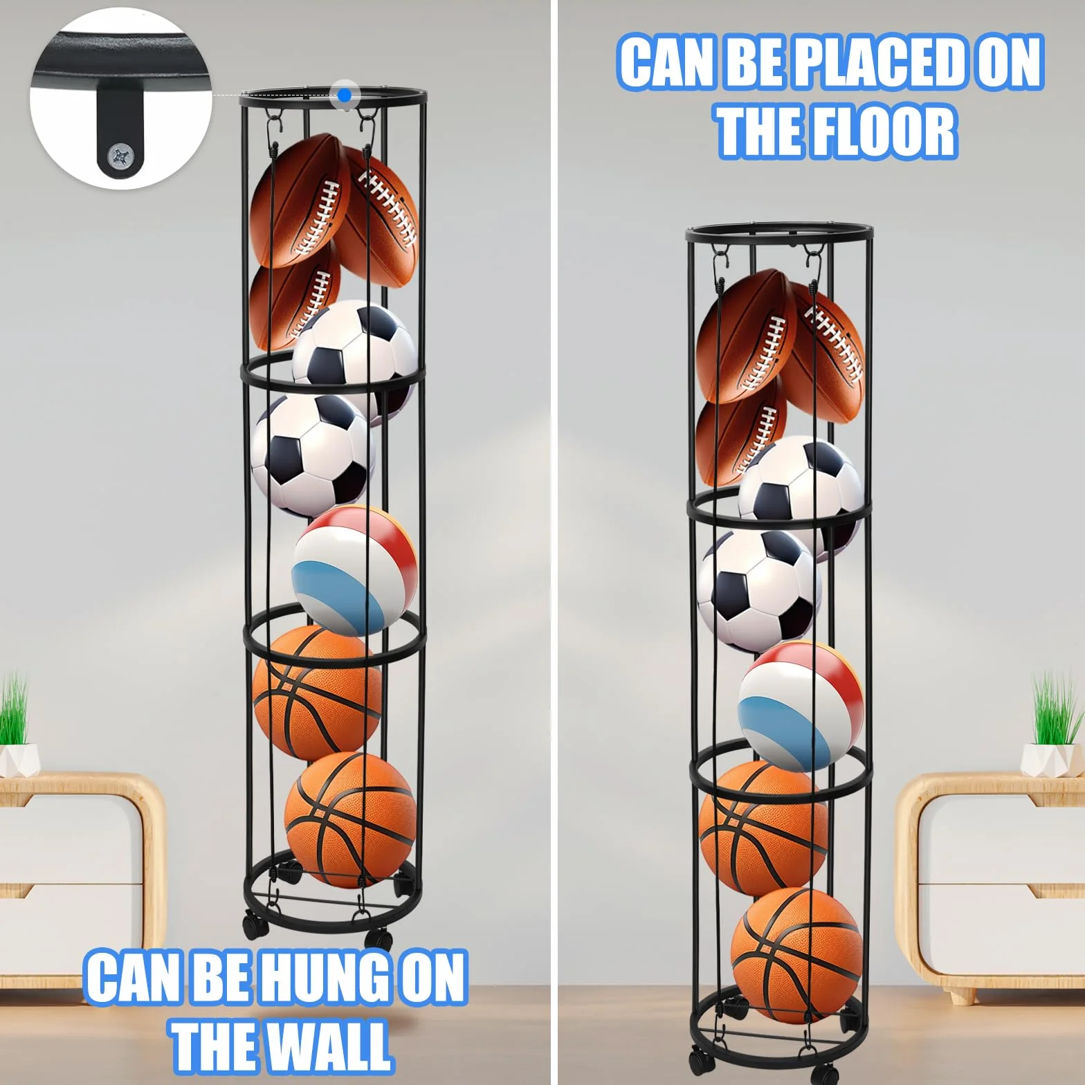 Rastrelliera per Palloni a 3 Livelli Verticale per Basket Calcio Attrezzature Sportive Scaffale Rimovibile