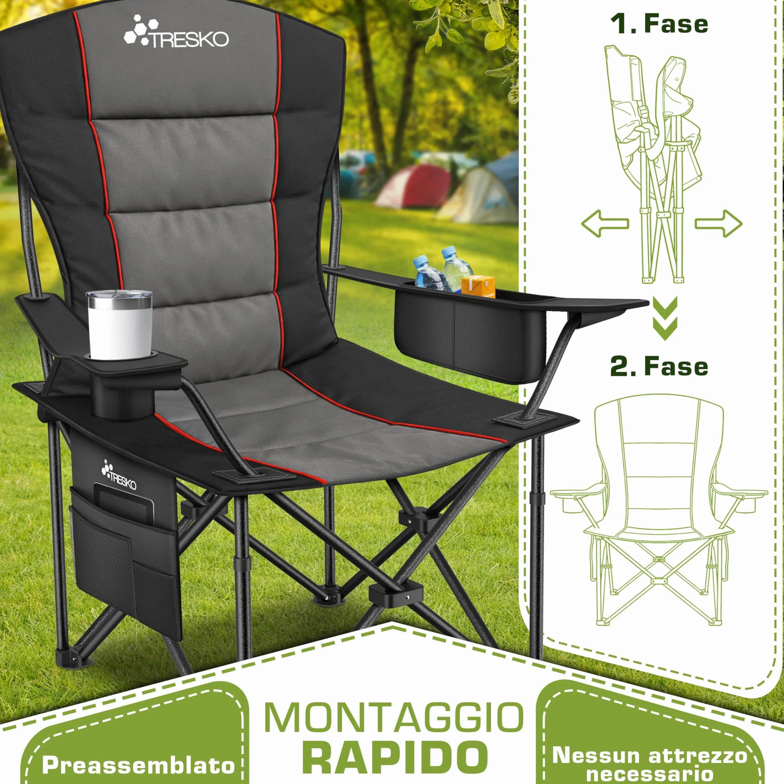 TRESKO sedia da campeggio pieghevole 150 kg con braccioli e portabevande Antracite