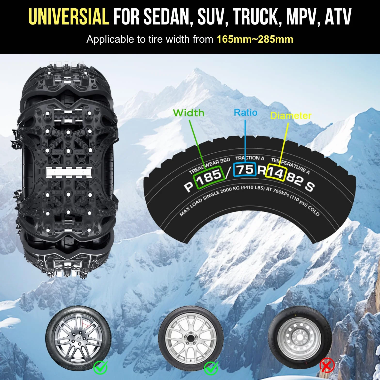 Catene da Neve Universali 6 Pezzi per Pneumatici 165-285 mm per PKW SUV LKW MPV ATV Installazione Rapida