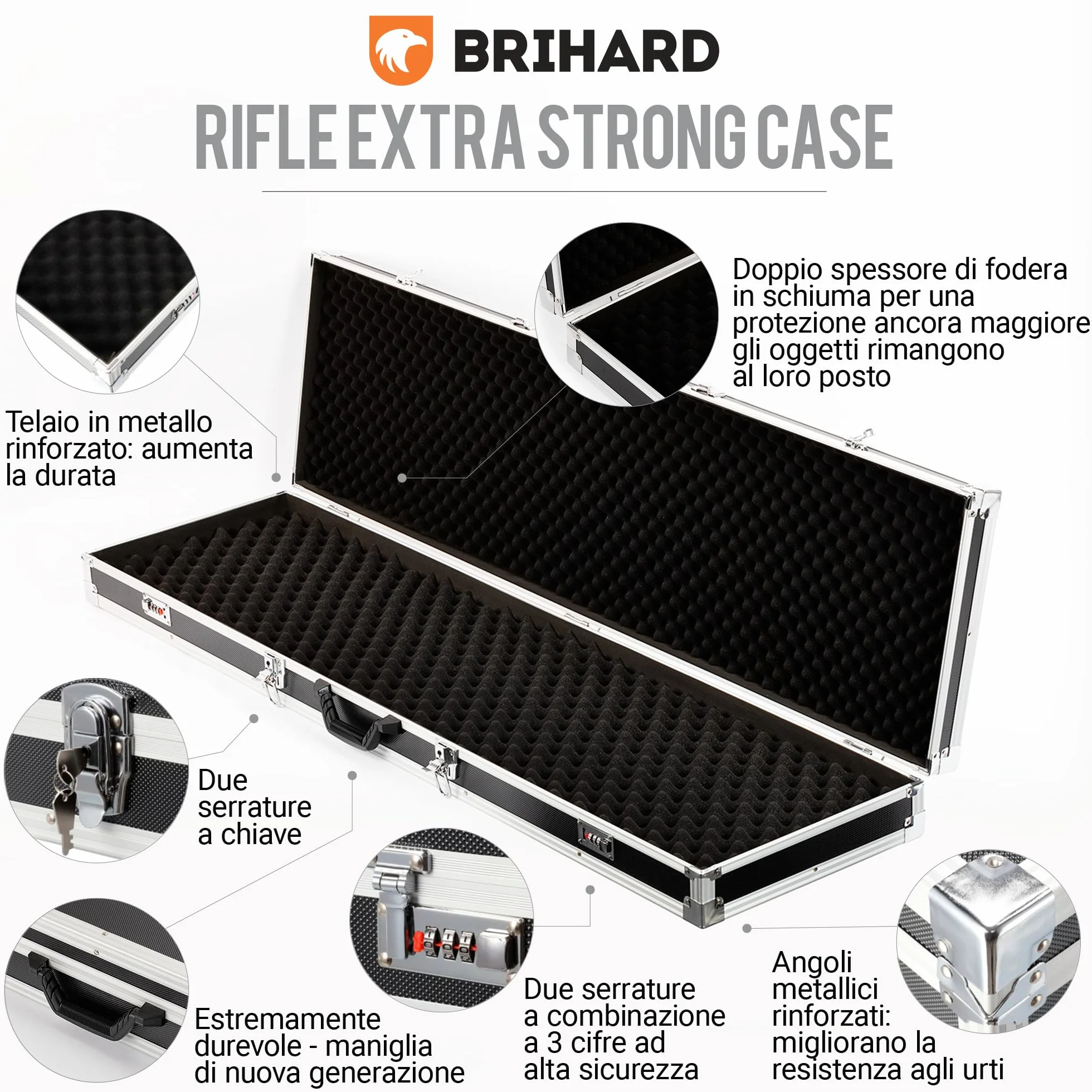 Rifle Extra Strong Case con Due Serrature a Combinazione e Due a Chiave, Custodia con Telaio in Alluminio, Imbottita di Schiuma, Valigetta Estremamente Sicura per Armi da Caccia e Munizioni