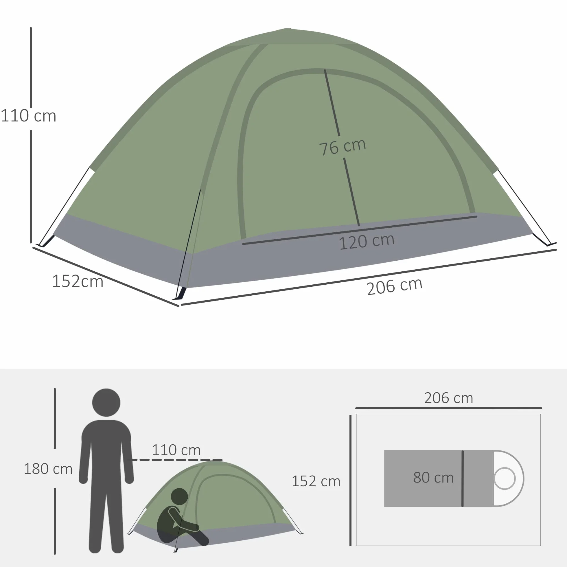 Outsunny Tenda da Campeggio 2 Posti a Igloo con Zanzariera e Sacca di Trasporto, Verde