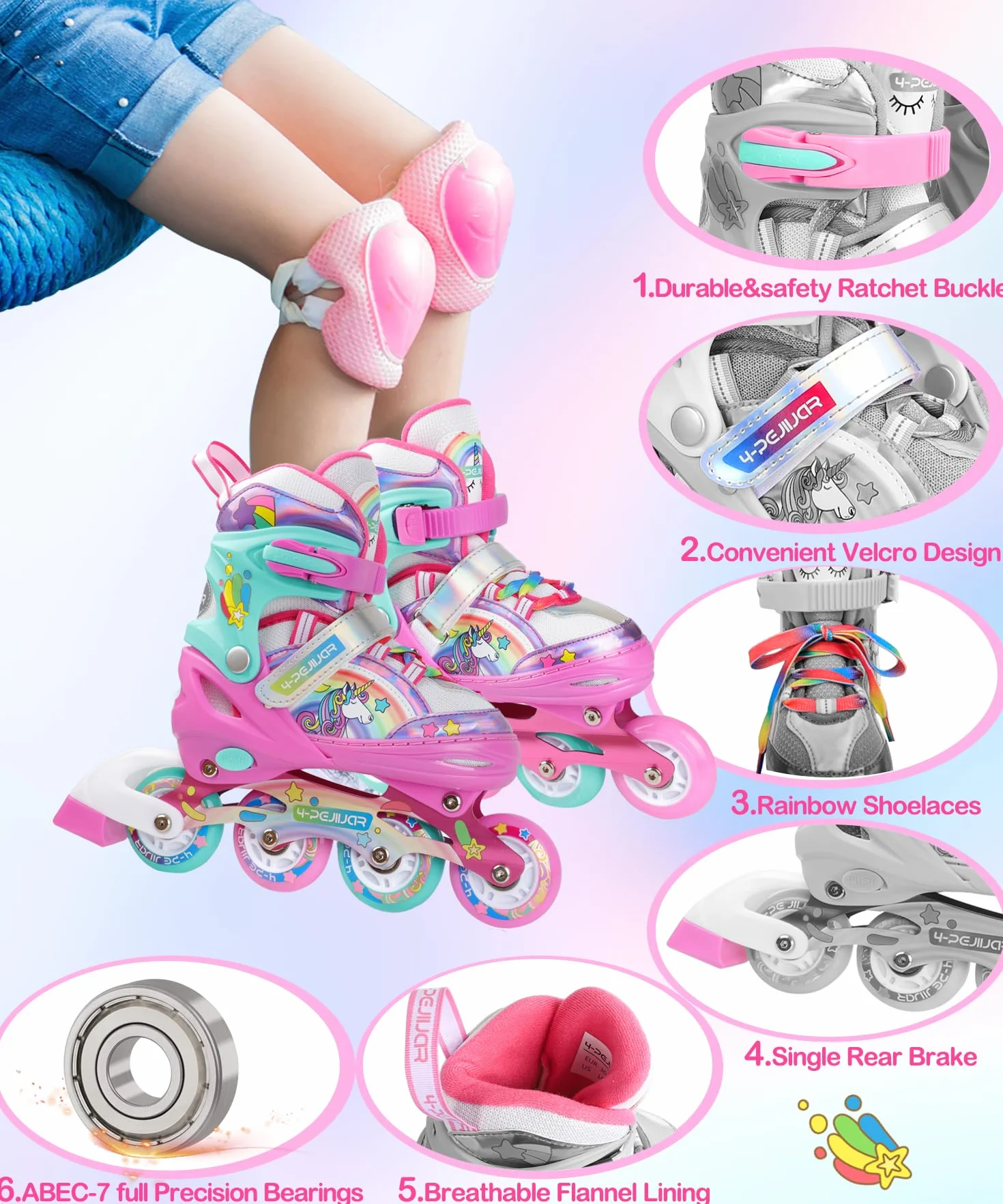 Unicorno Pattini in Linea Bambina Regolabili 4 Ruote LED per Principianti Ragazza