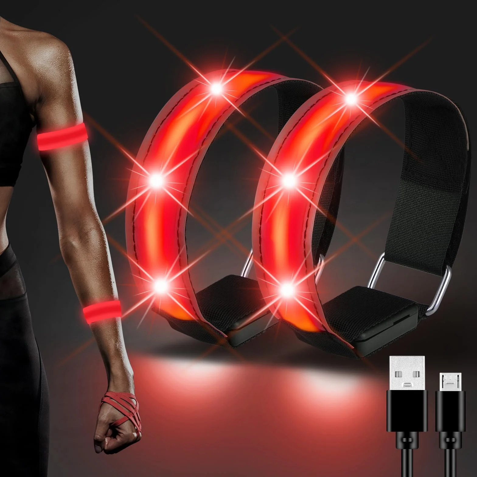 JIZZU LED Bracciale Ricarica USB 2 Pezzi Riflettenti Alta Visibilità Ciclismo Jogging