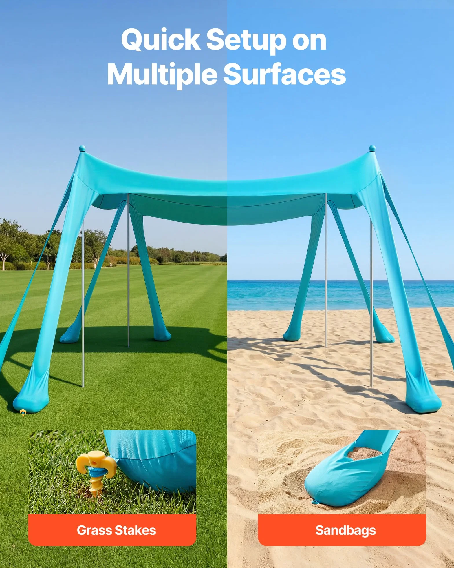 VEVOR Tenda da Sole Portatile da Spiaggia Parasole Portatile da Spiaggia Protezione Solare UPF 50+ Capienza ca. 4-7 Persone, Parasole con Pali di Supporto Sacchi di Sabbia per Viaggio Campeggio, Verde