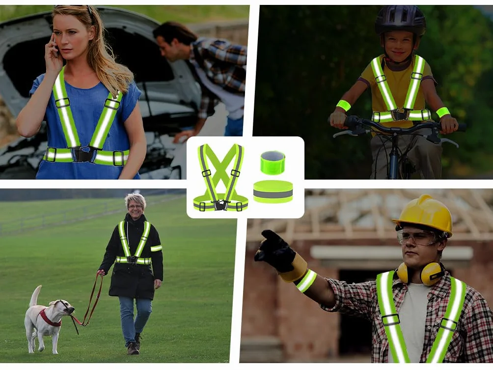 Gilet Catarifrangente Regolabile ad Alta Visibilità con Braccialetti Riflettenti, per Corsa Ciclismo Attività all'Aperto