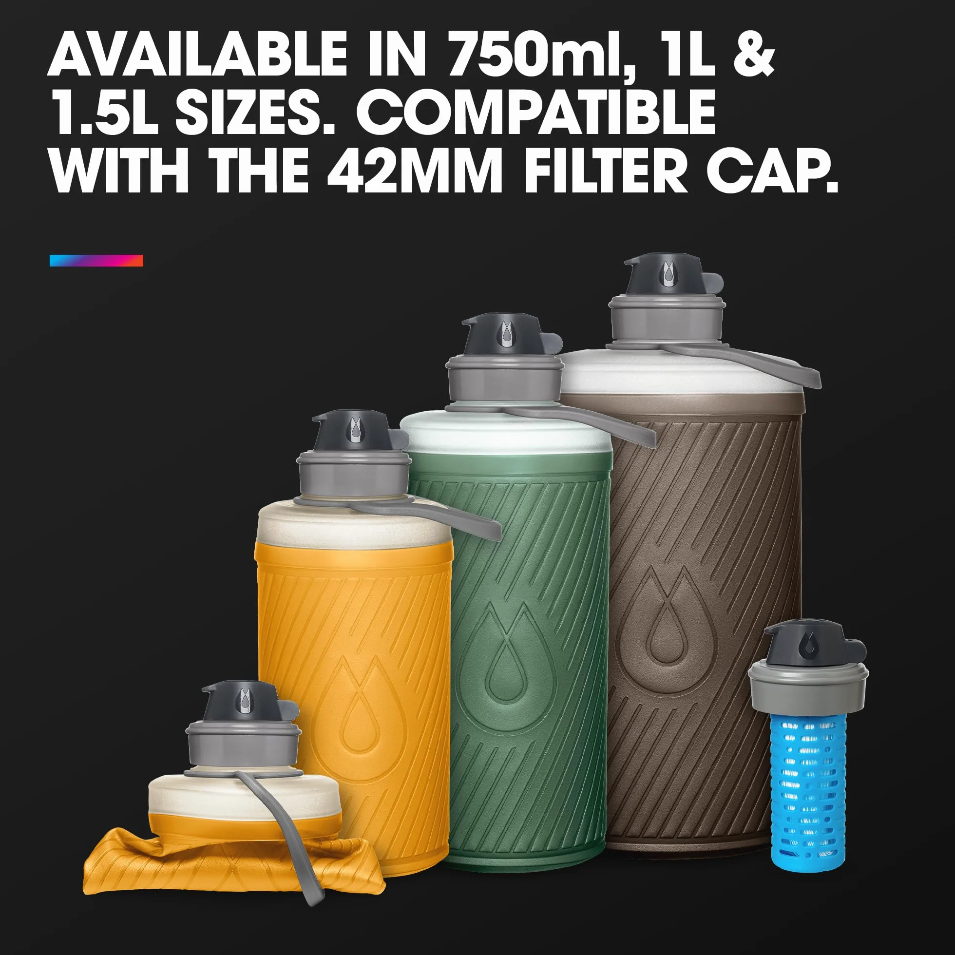 HydraPak Flux - Borraccia Pieghevole da Zaino (1,5 Litri) - Senza BPA, Ultraleggera, Tappo a Vite Antisversamento - Grigio Mammut