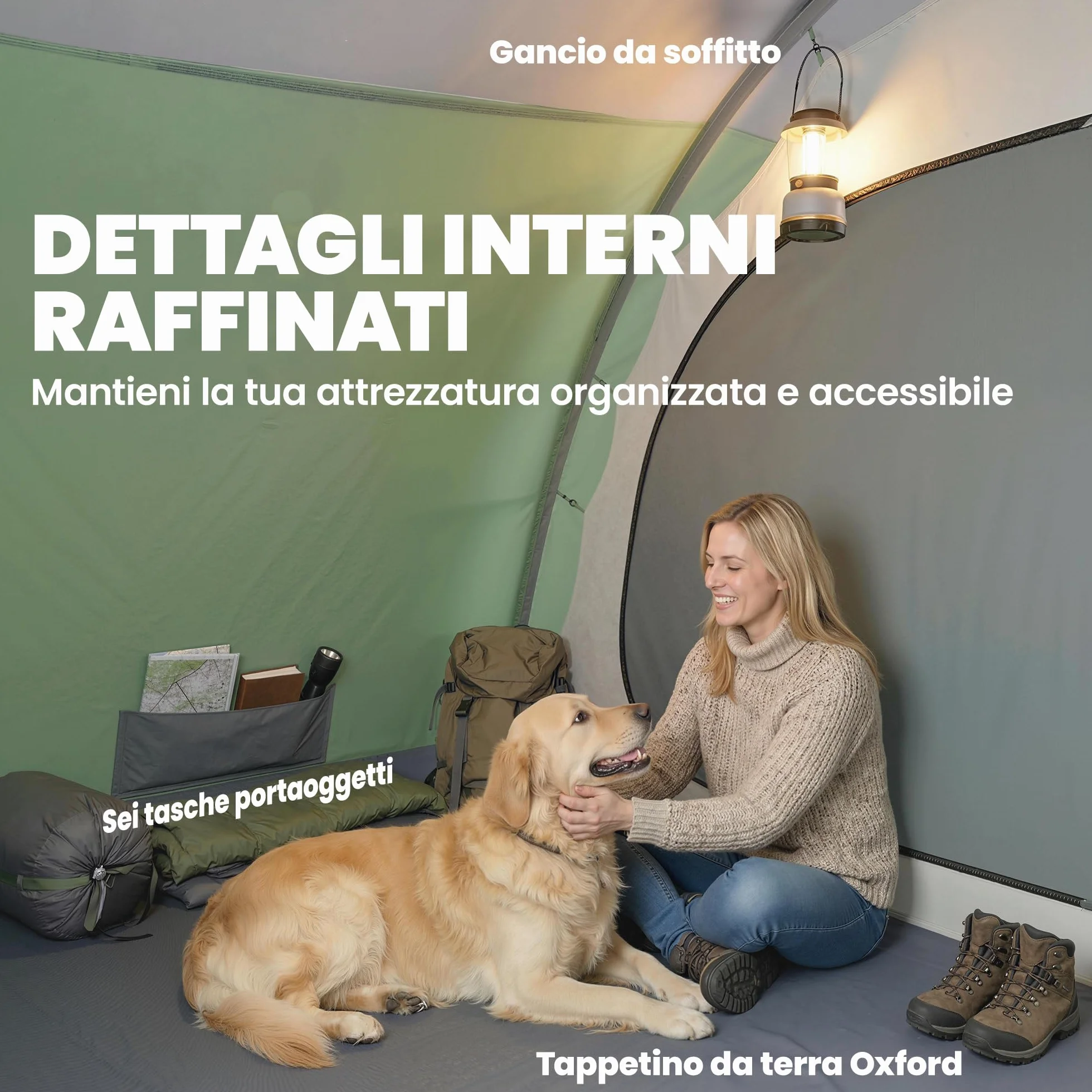 Outsunny Tenda Campeggio a Tunnel 5 Persone 196cm 2 Stanze Impermeabile 3000mm Verde Chiaro