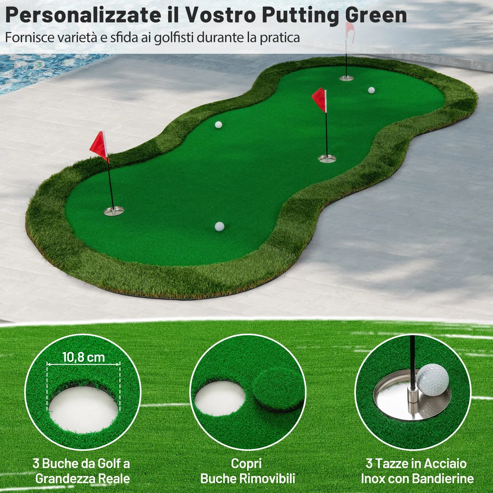 COSTWAY Putting Green Tappetino da Golf 300x150 cm 3 Buchi con Palline