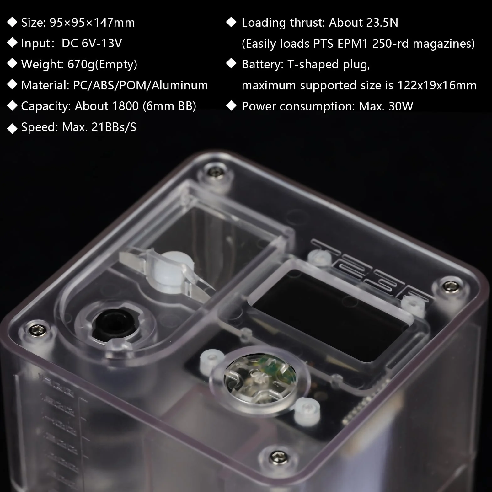 Softair Speedloader PRO: caricatore automatico caricatore, 21 BBS/s, OLED, capacità 1800rd, 4 adattatori, protezione antibloccaggio, inclusa batteria da 11,1 V 1100 mAh
