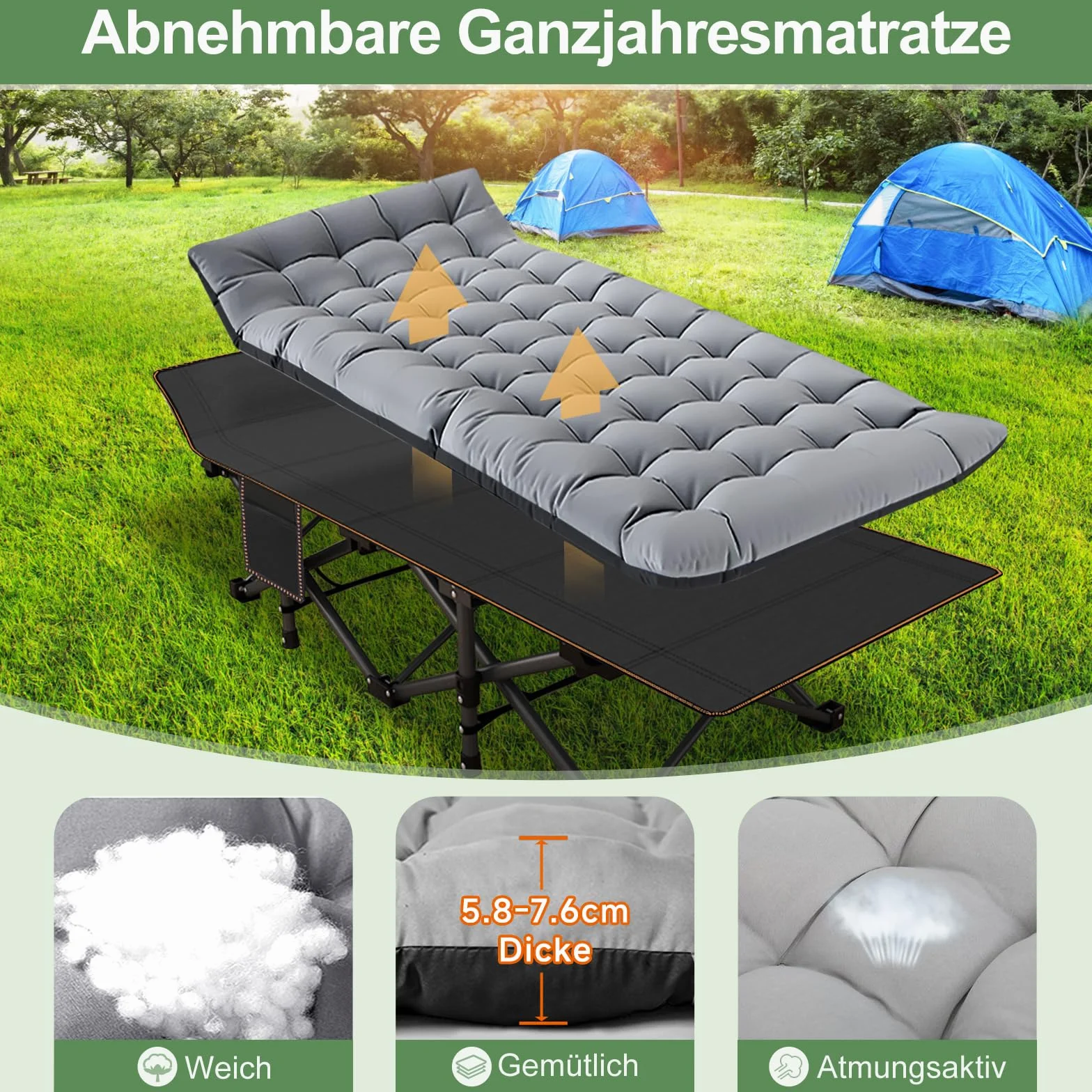 Letto pieghevole oversize con materasso 198x81x46 cm 46 cm larghezza 400 kg telaio acciaio resistente tessuto Oxford XXL grigio