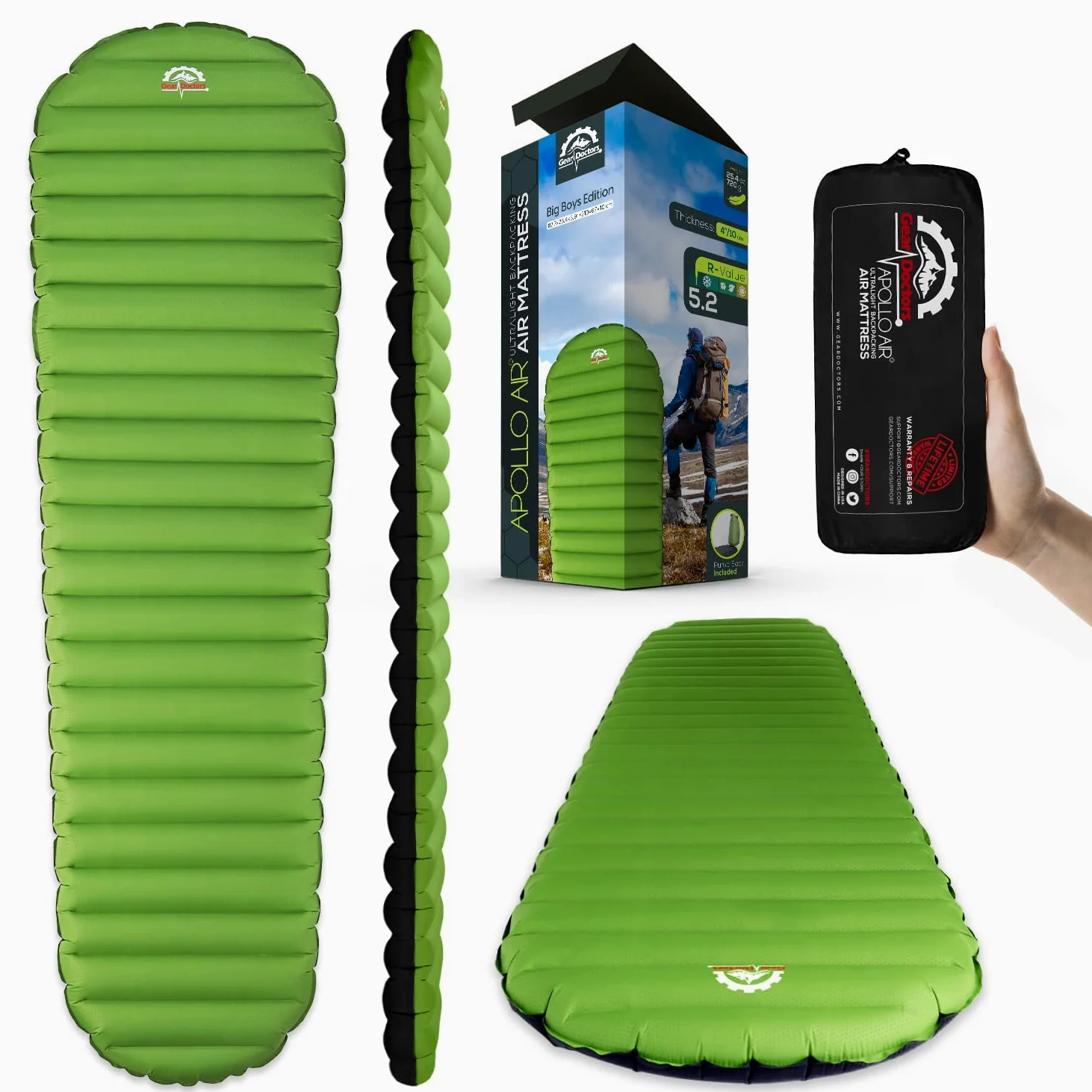 Gear Doctors ApolloAir - Materassino ultraleggero da campeggio, 481,9 g, grande, caldo, 5,2 R-Valore 4 stagioni, perfetto per escursioni, escursioni, materassino leggero gonfiabile e compatto