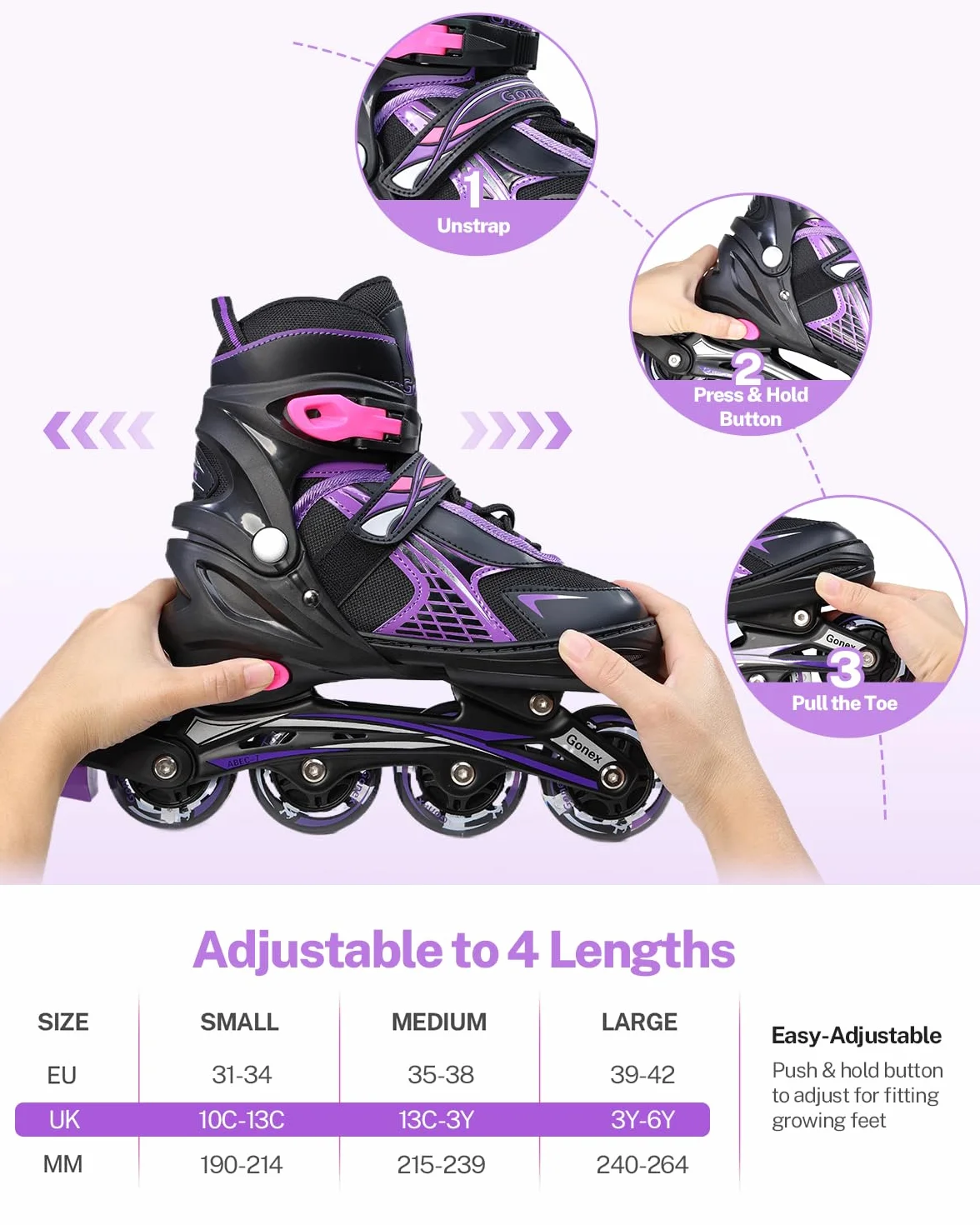 Gonex Pattini in Linea Regolabili con Ruote Luminosa, Inline Skates Bambina Ragazzo Adulti Donna (EU 31-42), Rosa/Verde